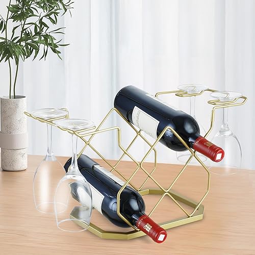Miniatura 3 de Xuchuan Estante para botellas de vino para encimera, capacidad para 5 botellas de vino y 4 vasos, soporte de almacenamiento independiente para