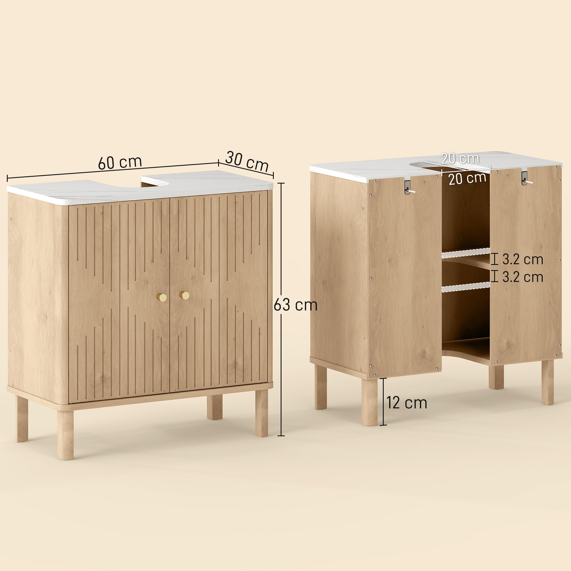 HOMCOM Mobile Sottolavabo con 2 Ante Decorate, Mobiletto Bagno con Ripiano Effetto Marmo e Mensola Regolabile Sotto Lavabo, adatto per Lavabi Con o Senza Piedistallo, Rovere