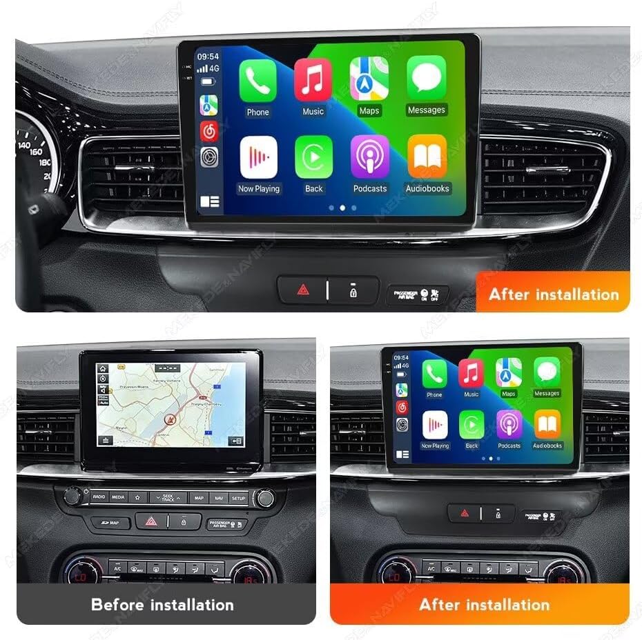 Comparison image showing the car dashboard before and after installation of the Biorunn 9-inch car stereo. The 'Before installation' image shows the smaller factory radio, while the 'After installation' image displays the larger 9-inch screen seamlessly integrated into the dashboard, running a Car-Play interface.