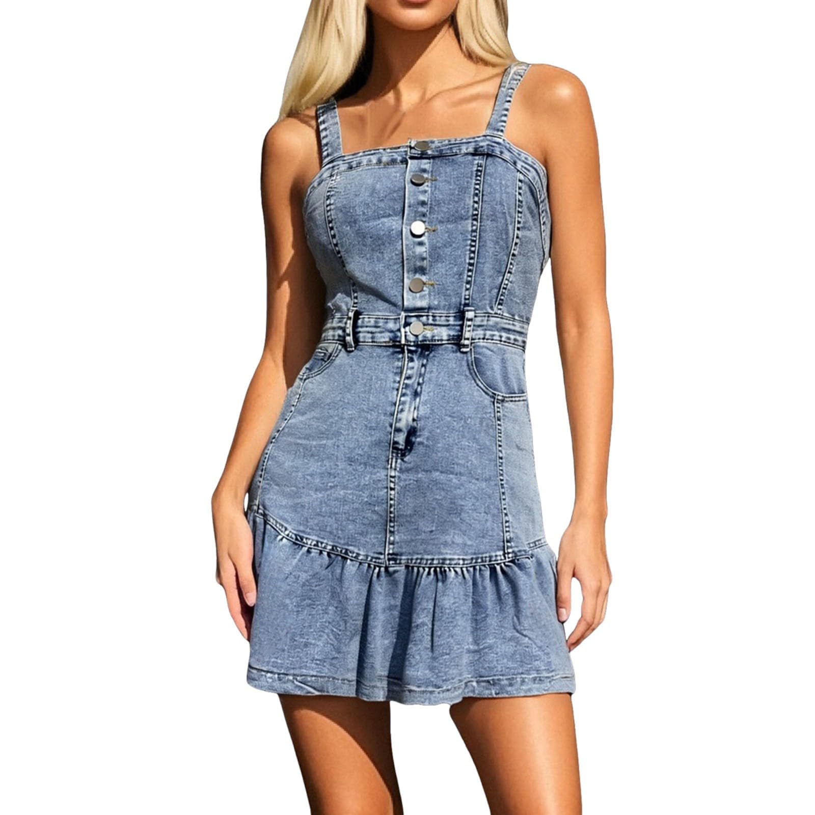 Vestido Mujer Casual Tirantes Cuello Cuadrado Vaquero Botones Tipo Tubo. Falda Mini Cute con Volantes. Vestidos Verano Mujer Moderno.