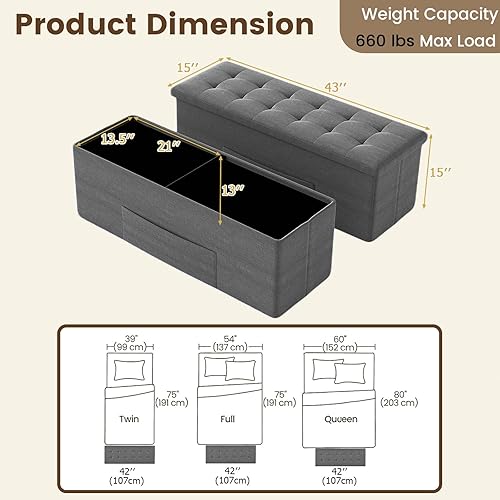 Miniatura 3 de Giantex Banco otomano de almacenamiento, 43 pulgadas de largo, plegable, con bolsillo lateral, divisor, banco de zapatos acolchado para sala de