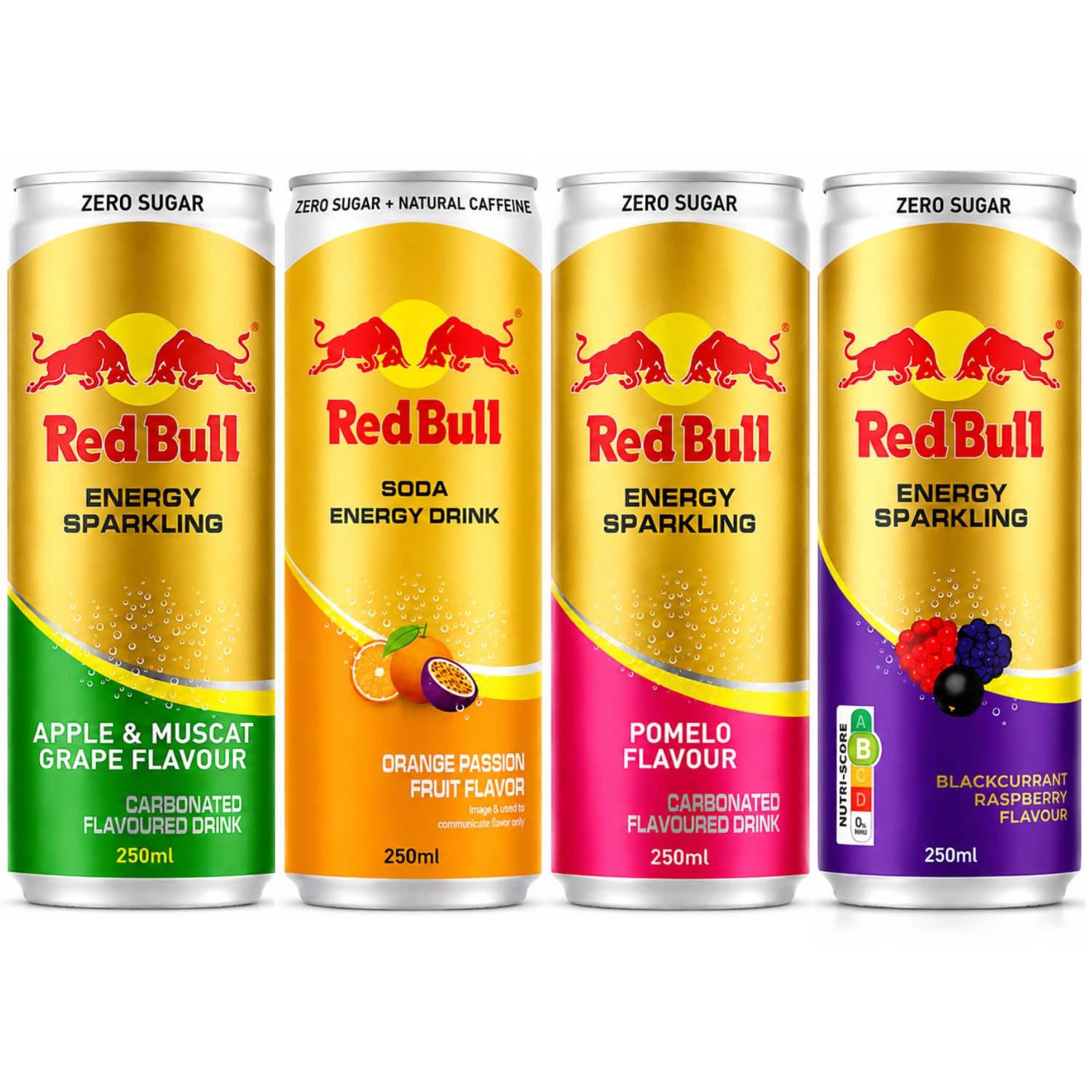 RED BULL - Zero Sugar Variety Pack Flavour Soda Energy Drink Sparkling (4 x 250ml) By COUGAR | Apple & Muscat Grape, Orange Passion Fruit, Pomelo & Blackcurrant Raspberry Flavours | Carbonated Energy Drink Combo Pack with Natural Caffeine – (Imported-THAILAND)-image-27