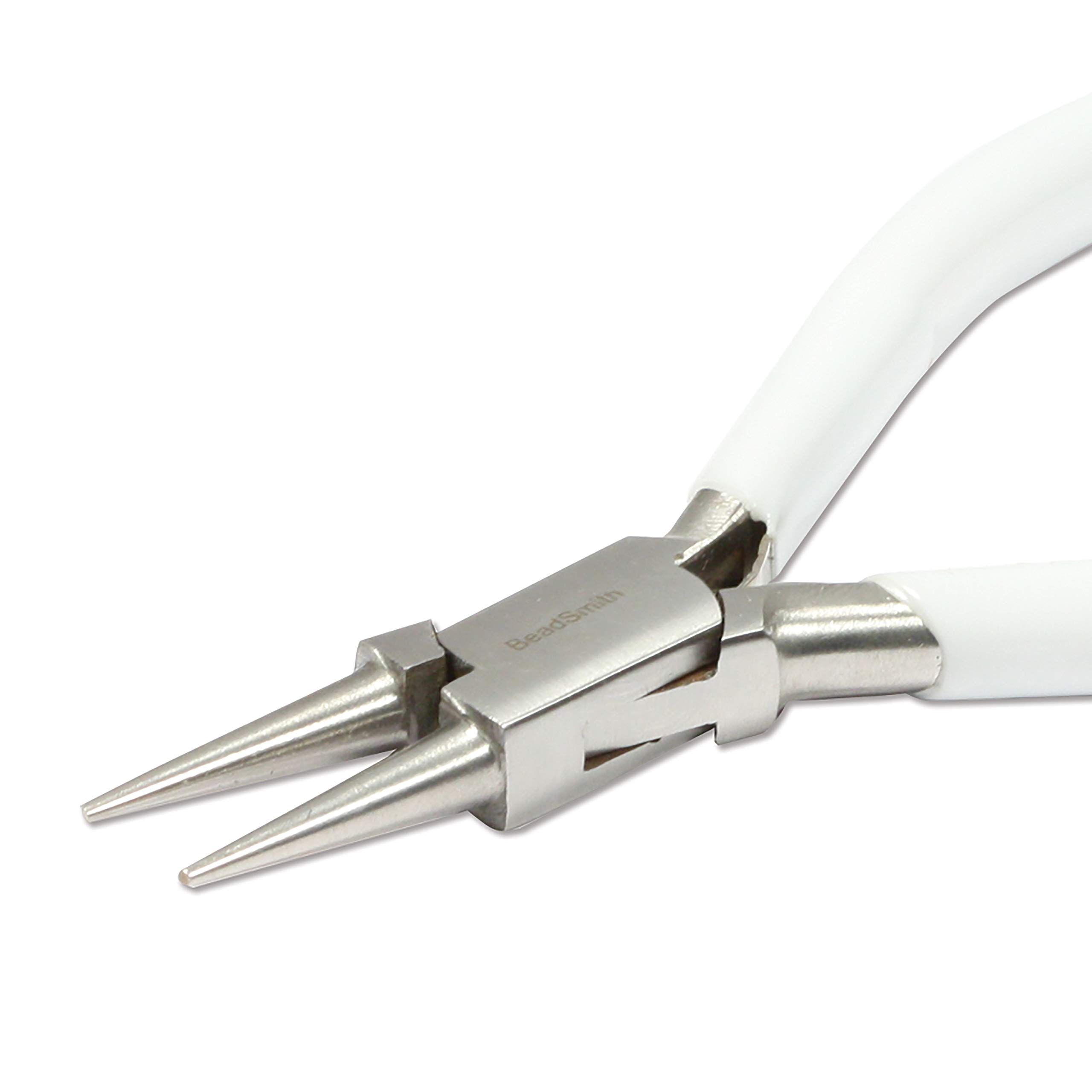 The Beadsmith - Pinza a becco rotondo da 130 mm, con testa in acciaio lucido, impugnatura comoda in PVC bianco e manico a molla a doppia foglia, strumento per la creazione di gioielli, serie 300