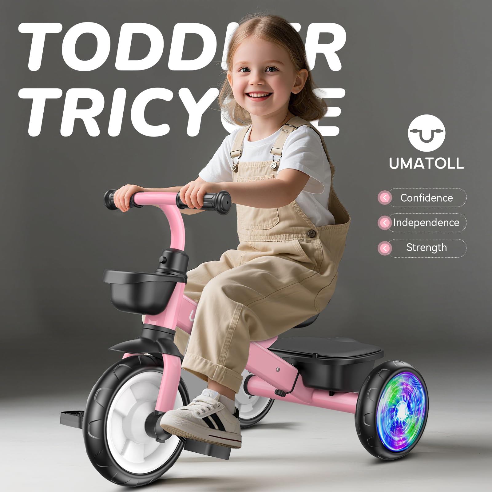 Triciclo para niños pequeños de 2 a 5 años, bicicleta ajustable para niños pequeños, juguetes al aire libre, regalo de cumpleaños para niñas de 2 a 4 años, triciclo con ruedas iluminadas 2