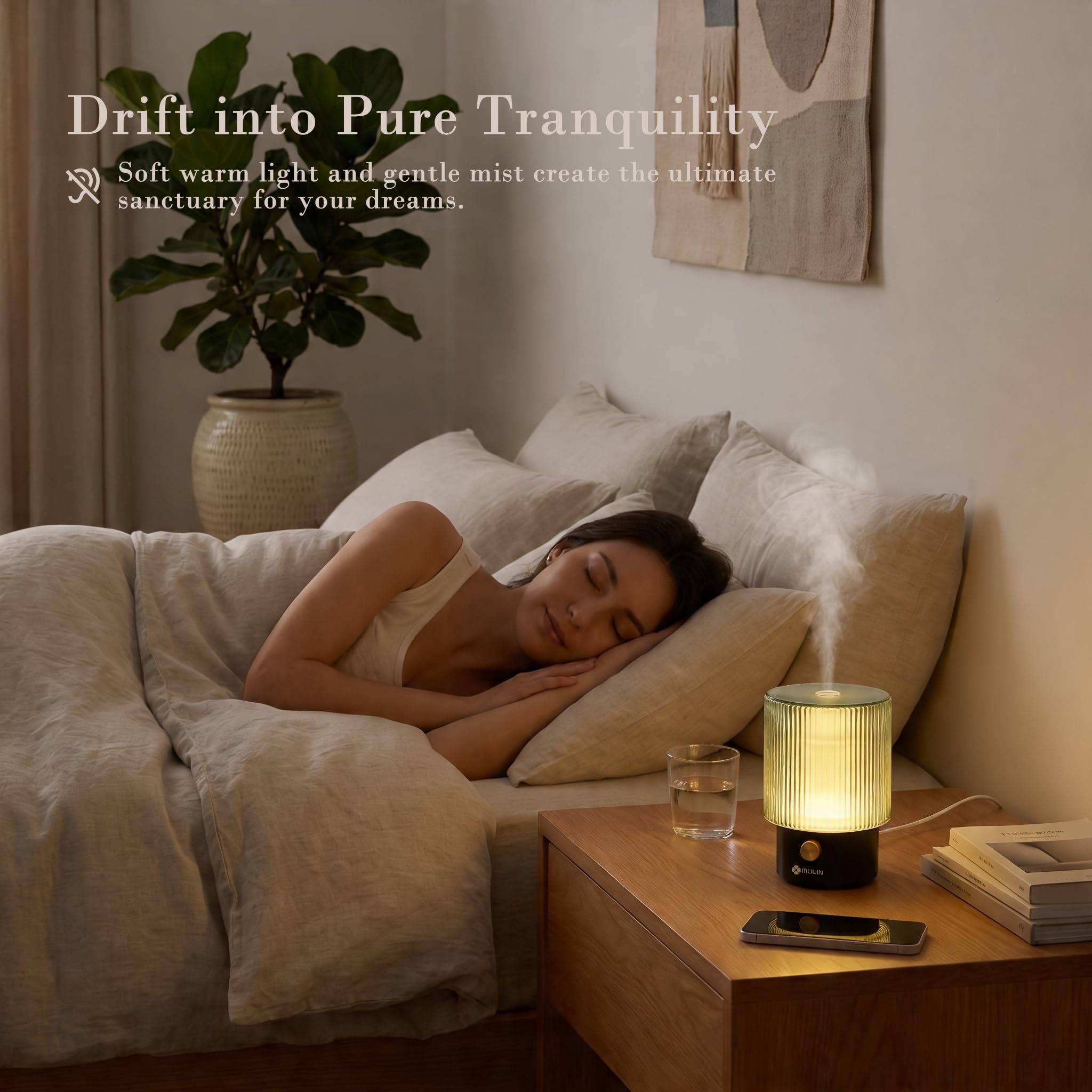 MULIN Diffuseur Huiles Essentielles en Verre Fait Main 100ML, Diffuseur Ultrasonique Silencieux avec Lumière LED, Humidificateur d’Air et Diffuseur Parfum Maison pour Chambre, Bureau, Yoga