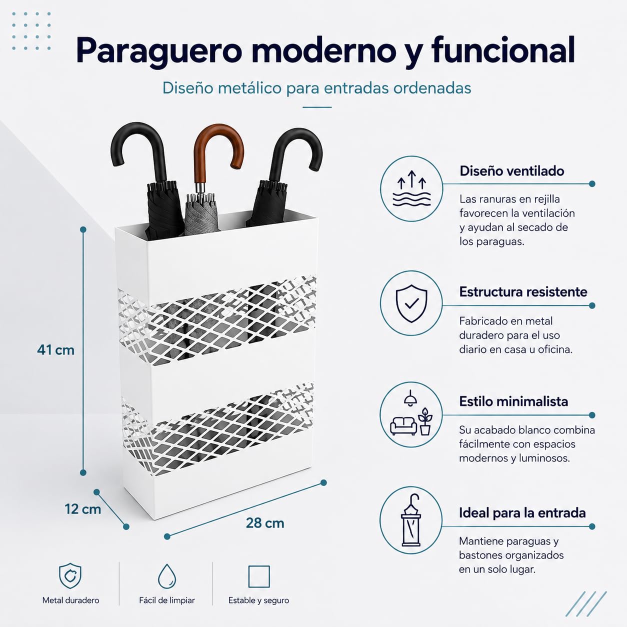 NORDIQ - Paraguero Metálico - Paragueros Modernos y Decorativos - Paragueros Originales para Entrada, Recibidor, Oficina o Comercio | Paragüero de Diseño Elegante y Funcional - Diseño Lineal - Blanco