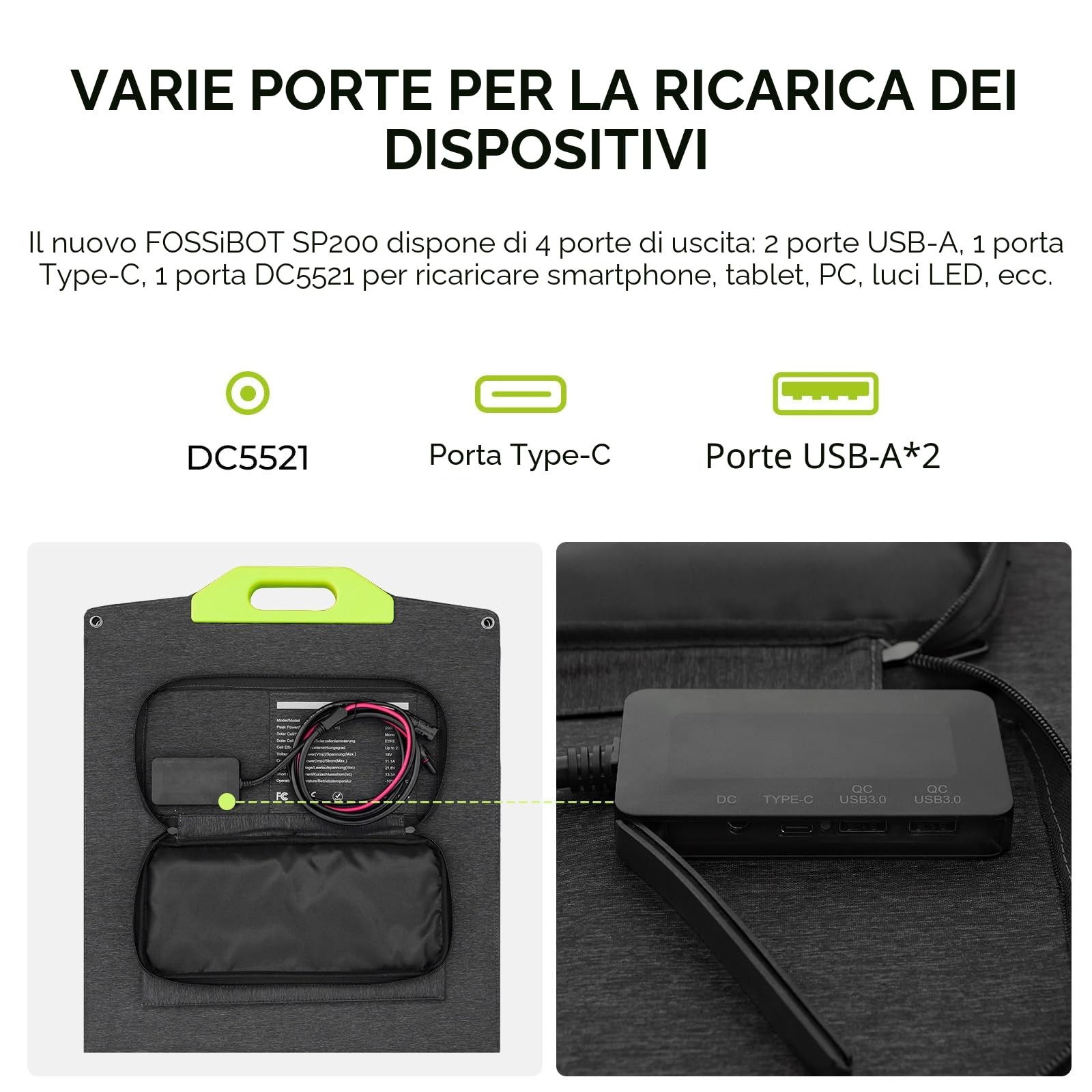 FOSSiBOT 200W Pannello Solare Portatile SP200, Pannello Solare Pieghevole per Centrale Elettrica F800/F1200/F2400/F3600/F3600 PRO, IP67, Alta Conversione 23,4%, Adatto per Roulotte, Campeggio, Balconi
