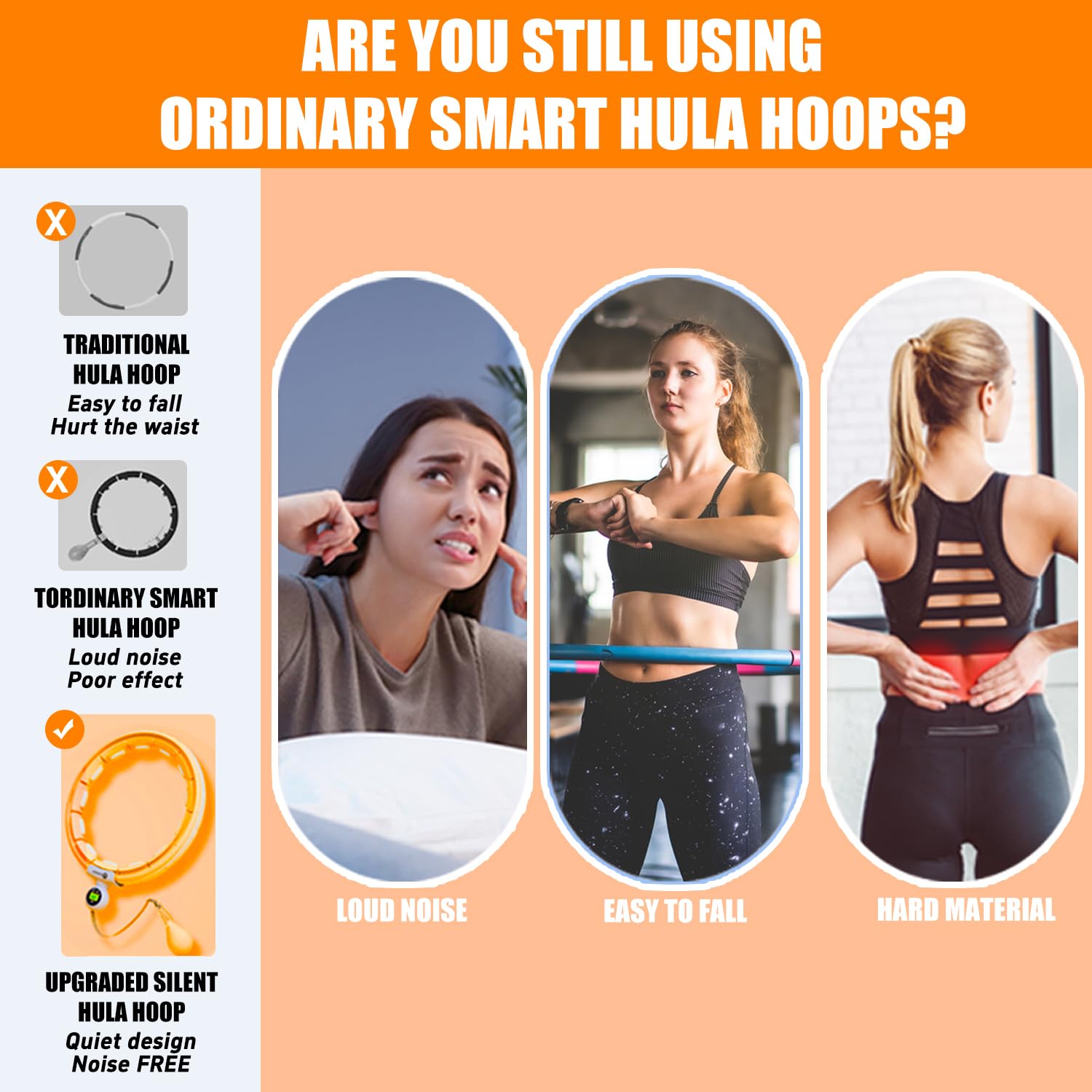 U5-16 nodi con contatore, U5 Silent Smart ponderato Hula Hoop per adulti perdita di peso Infinity Hoop Plus Size, esercizio fitness a casa all'aperto, tonificante addominale, (arancione -