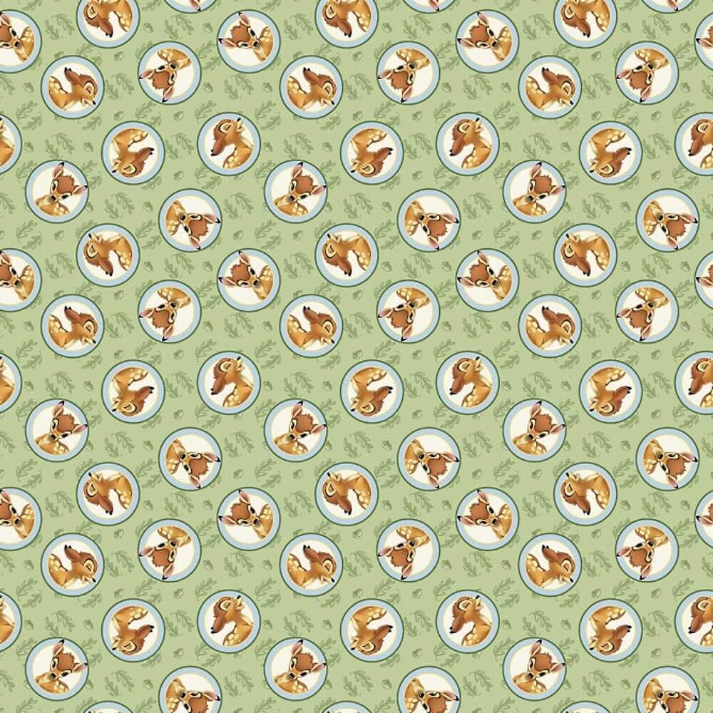 Camelot Fabrics Green Fat Quarter Disney Bambi Framed On Oak Leaves 100% Cotton Quilting Fabric