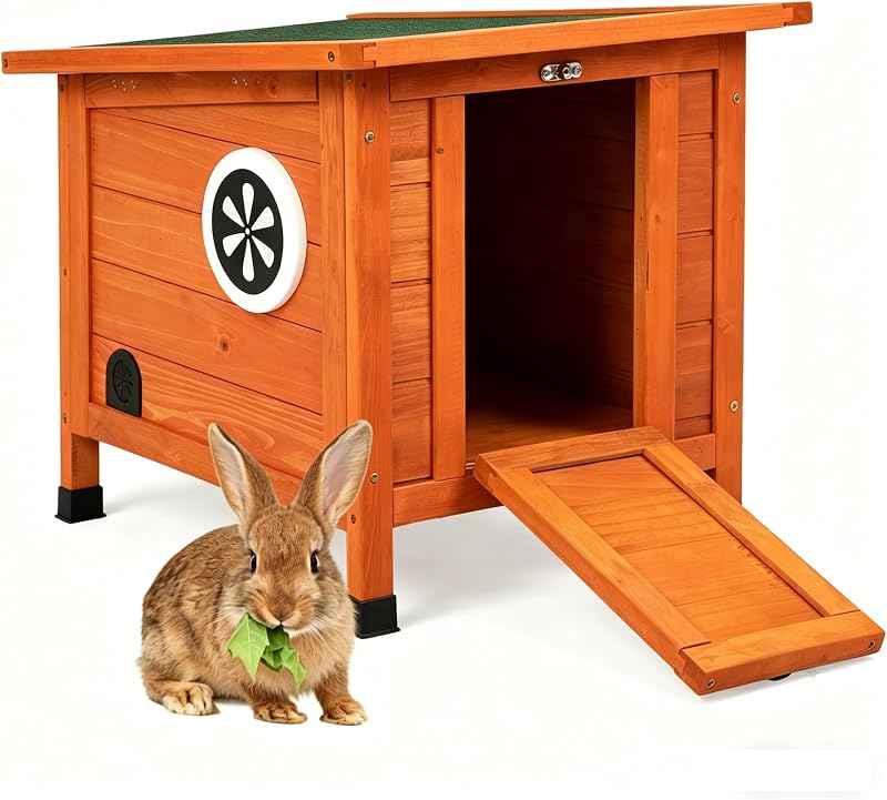 Coziwow Rabbit Hutch Indoor Outdoor, Nonslip Ramp Small Animal Cage, Orange | Wooden openable cage for bunnies, cats, chickens, ducks & small pets. Easy to move, secure shelter. Ideal for indoor hideout.