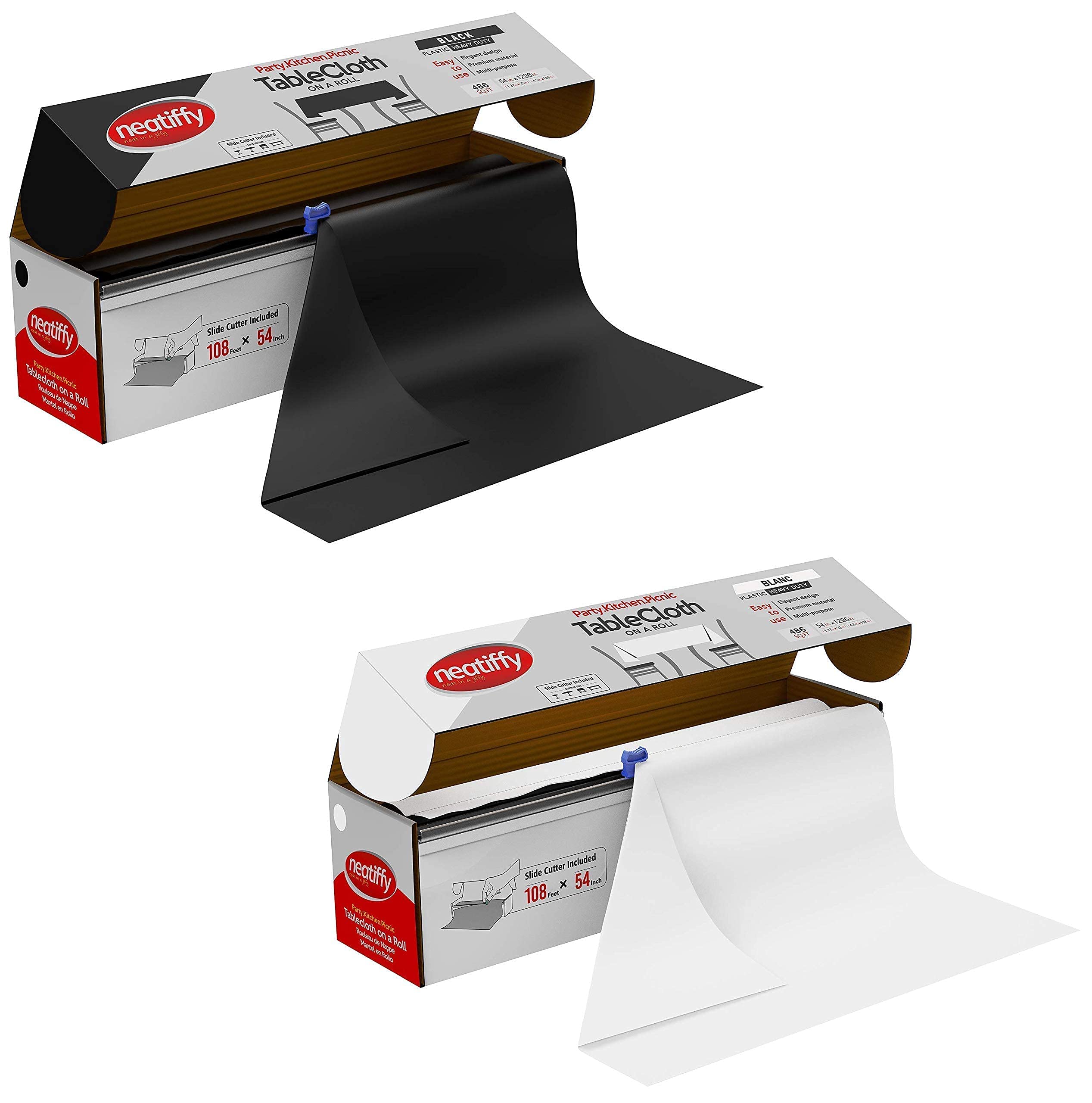 NeatiffyDisposable Plastic Table Cloth Roll | 54 in x 108 Ft Waterproof Tablecloth | Table Cover for Rectangle, Square, Round Oval Tables | Picnic, Party, Banquet, Birthdays, Weddings Black & White
