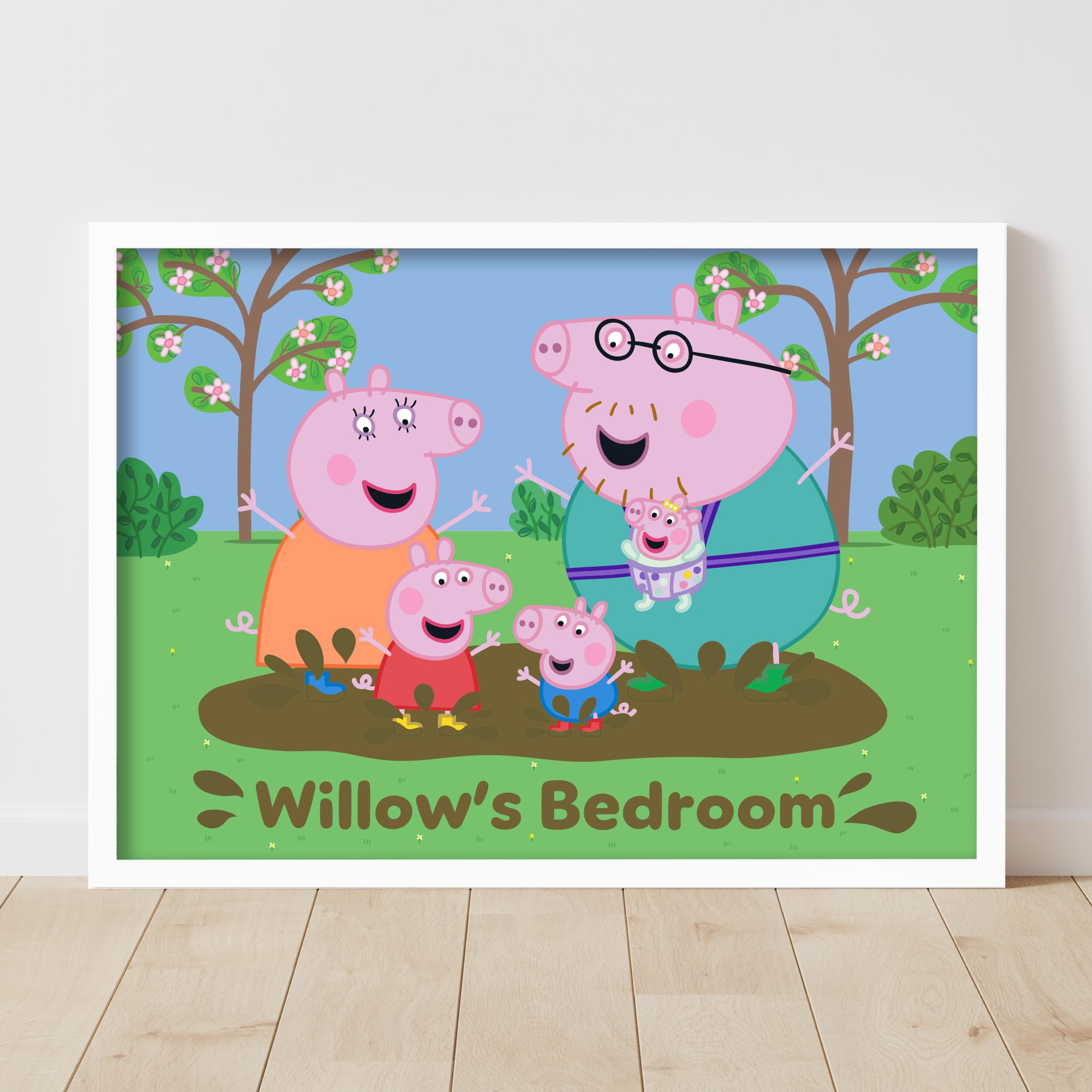 Themed Peppa Pig Print - Peppa and Family Muddy Puddle Personalised Name Poster Wall Art (29.7cm x 42cm - A3)