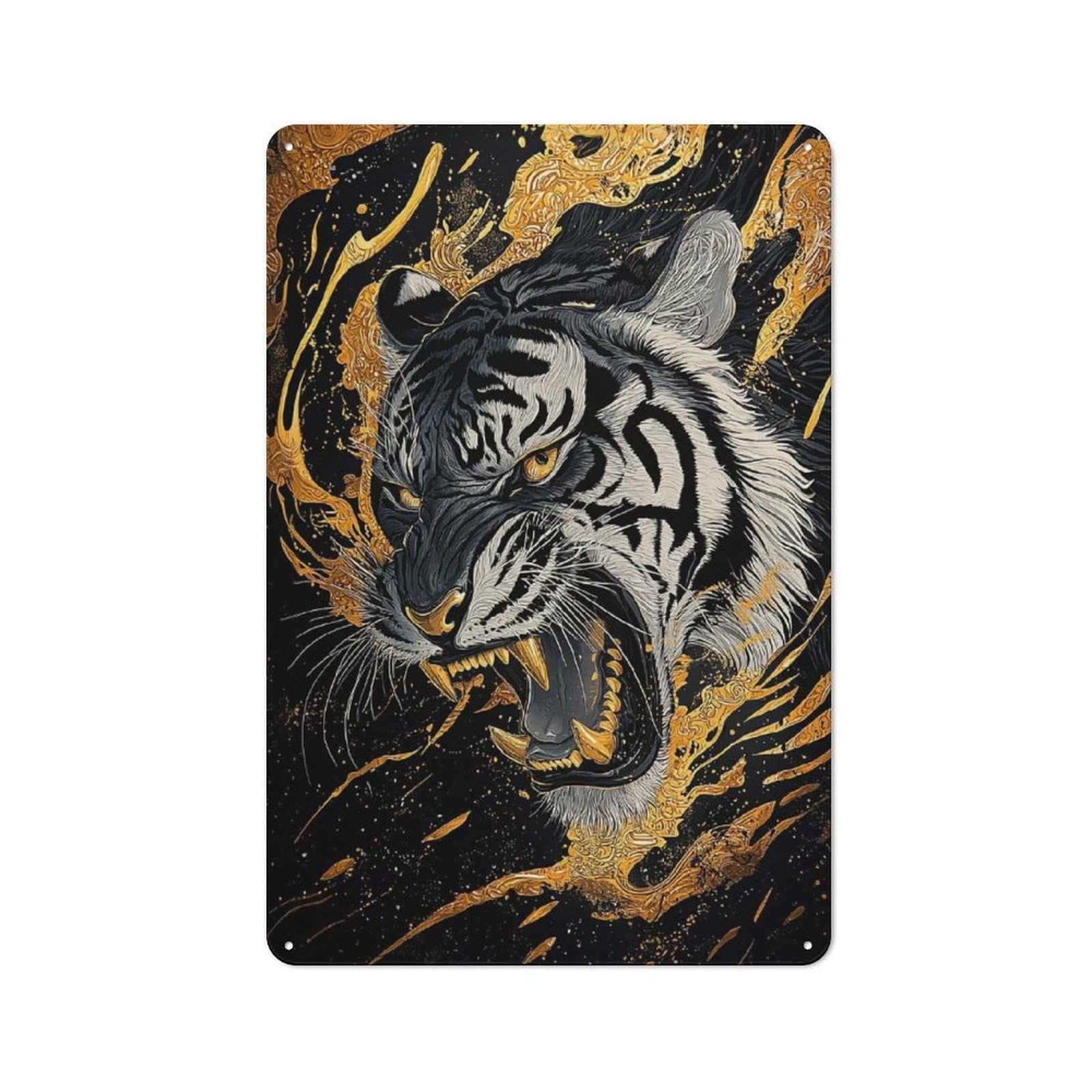 Golden Tiger Roar Decorative Metal Plaque, Small Wall Accent for Workshop, Shed And Game Room, 30x20cm