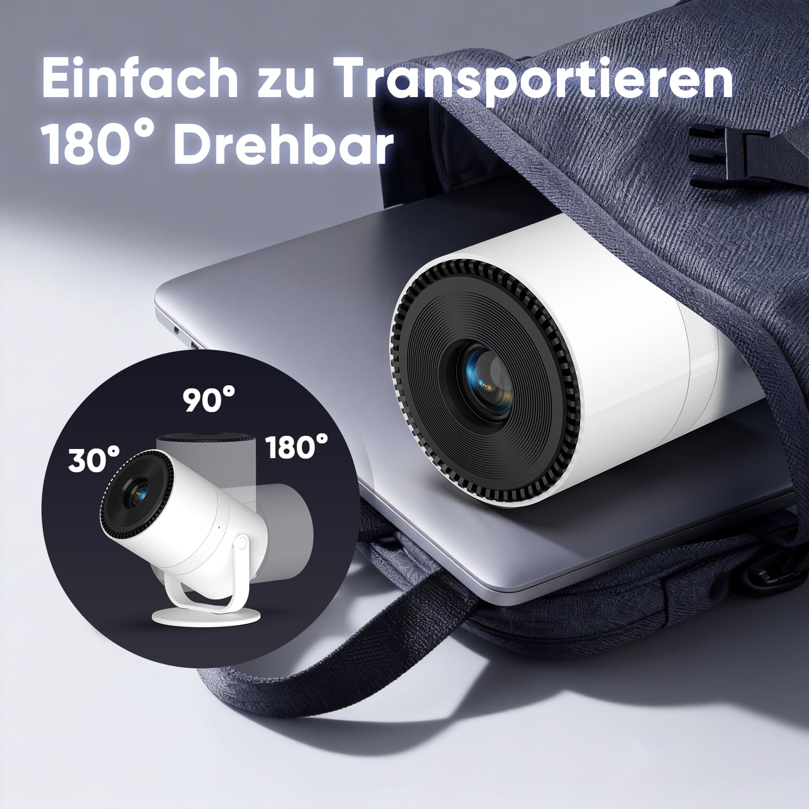 【Android 14 & integrierte Apps】 Tecaki Mini-Projektor mit WiFi 6 und Bluetooth 5.2, tragbarer Projektor 1080P, um 180° drehbar, mit automatischer Trapezkorrektur für das Schlafzimmer zu Hause