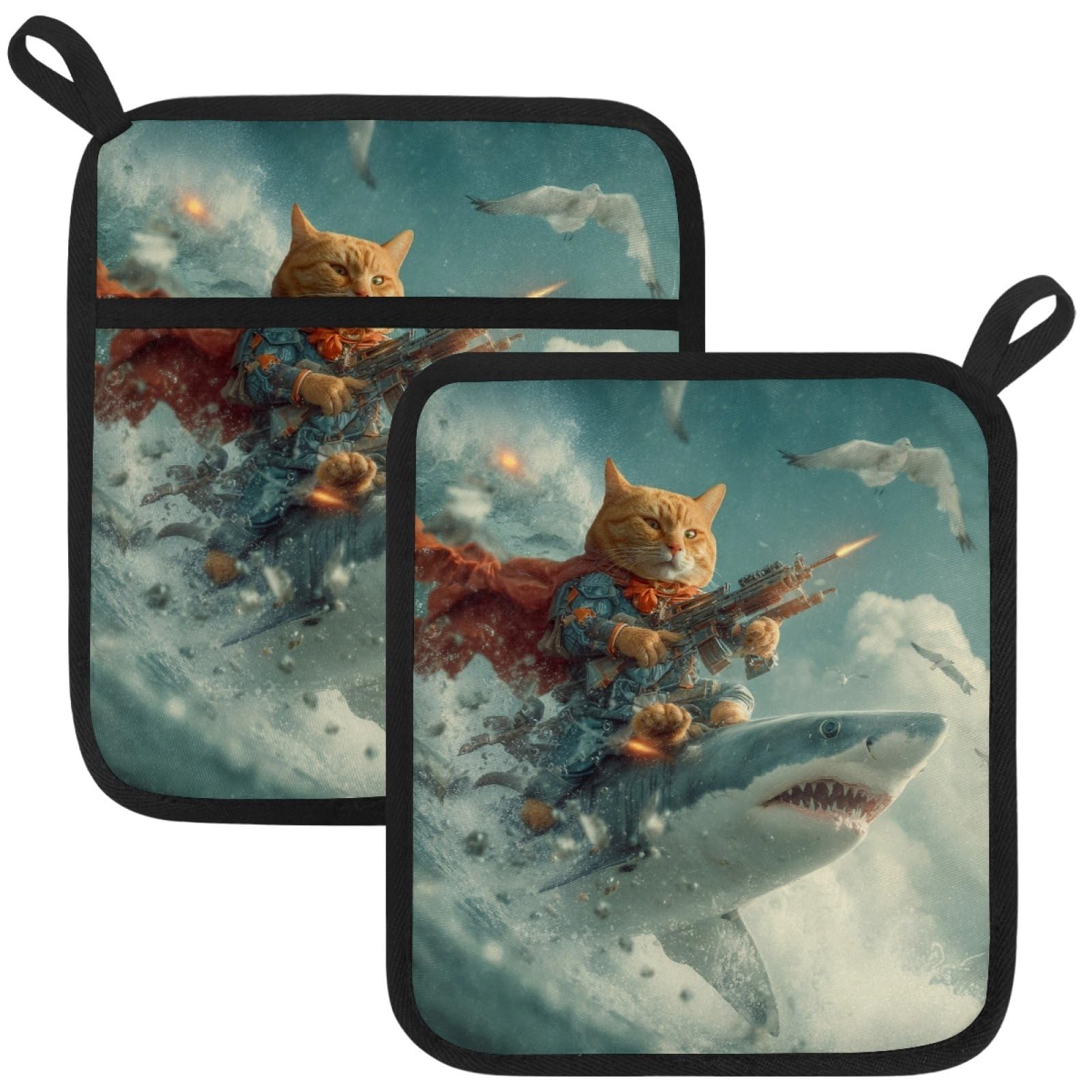 VAPOKF Cat Sharks Pot Holders with Pocket for Kitchen Heat Resistant Potholders Large Polyester-Cotton Square Oven Mitts Set