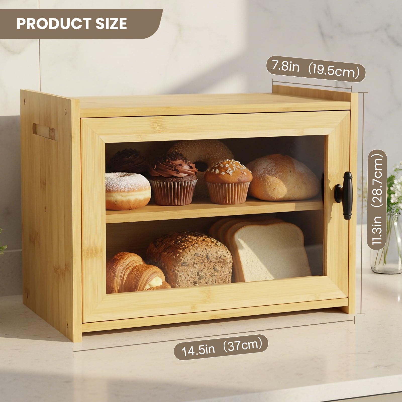 BEWISHOME Bambus Brotkasten 2 Etagen - Groer Brotaufbewahrungsbox Mit  Gewellter Acryltr, 30x30x35cm