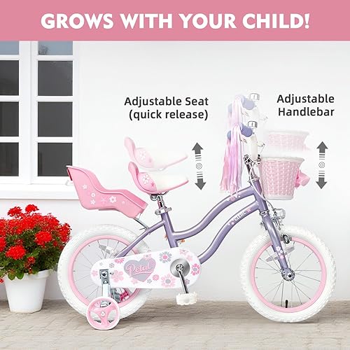 Miniatura 4 de Glerc Petal Girls Bike, 12-18 Inch Kids Bike for Ages 2-9 Years Old Children, Princess Style Kids Bicycle with Training Wheels & Basket & Streamers,