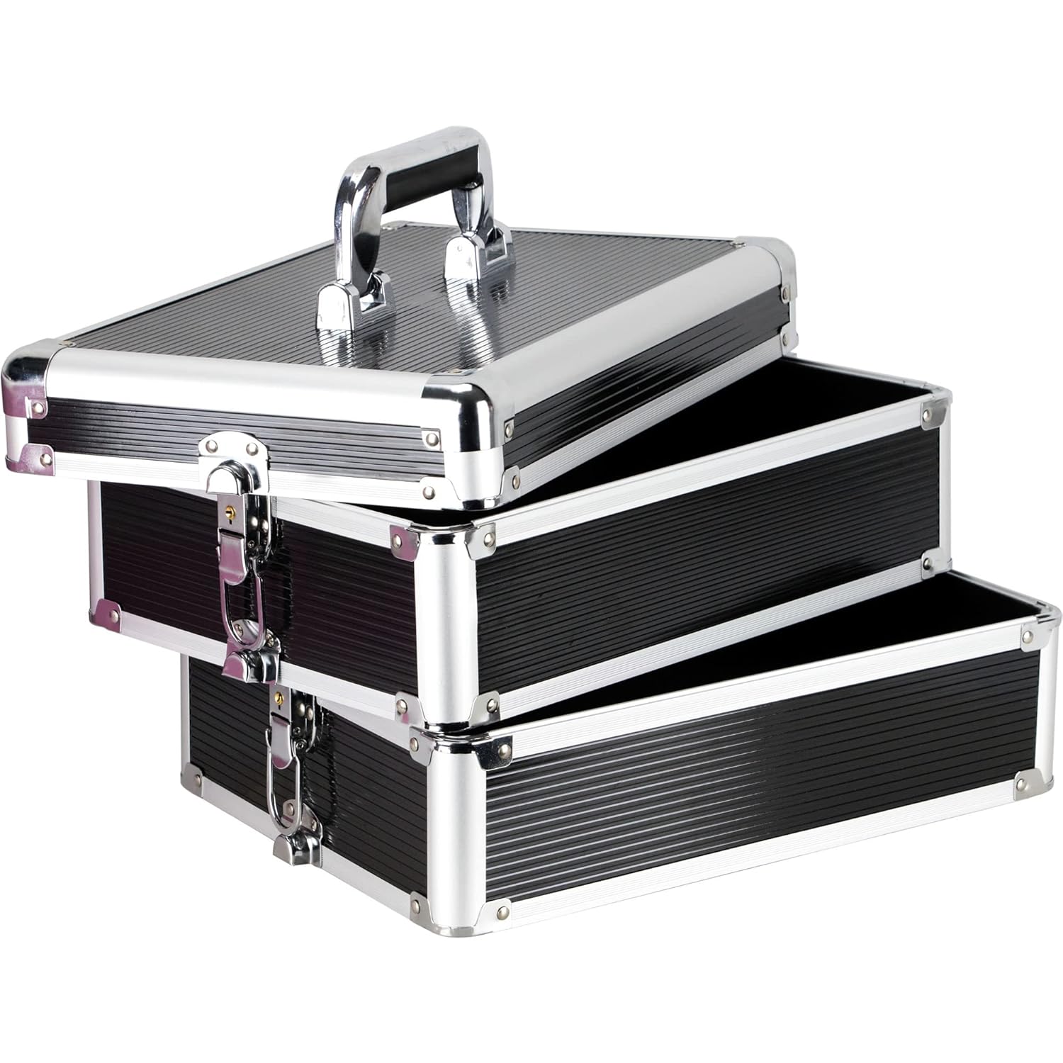 VER Beauty 4-in-1 Professional Makeup Travel Case (Black Matte) Aluminum Frame, Cosmetic Lockable Large Storage Portable Case, Keylock Security System, Salon Barber Case, 360° Rolling Wheel System