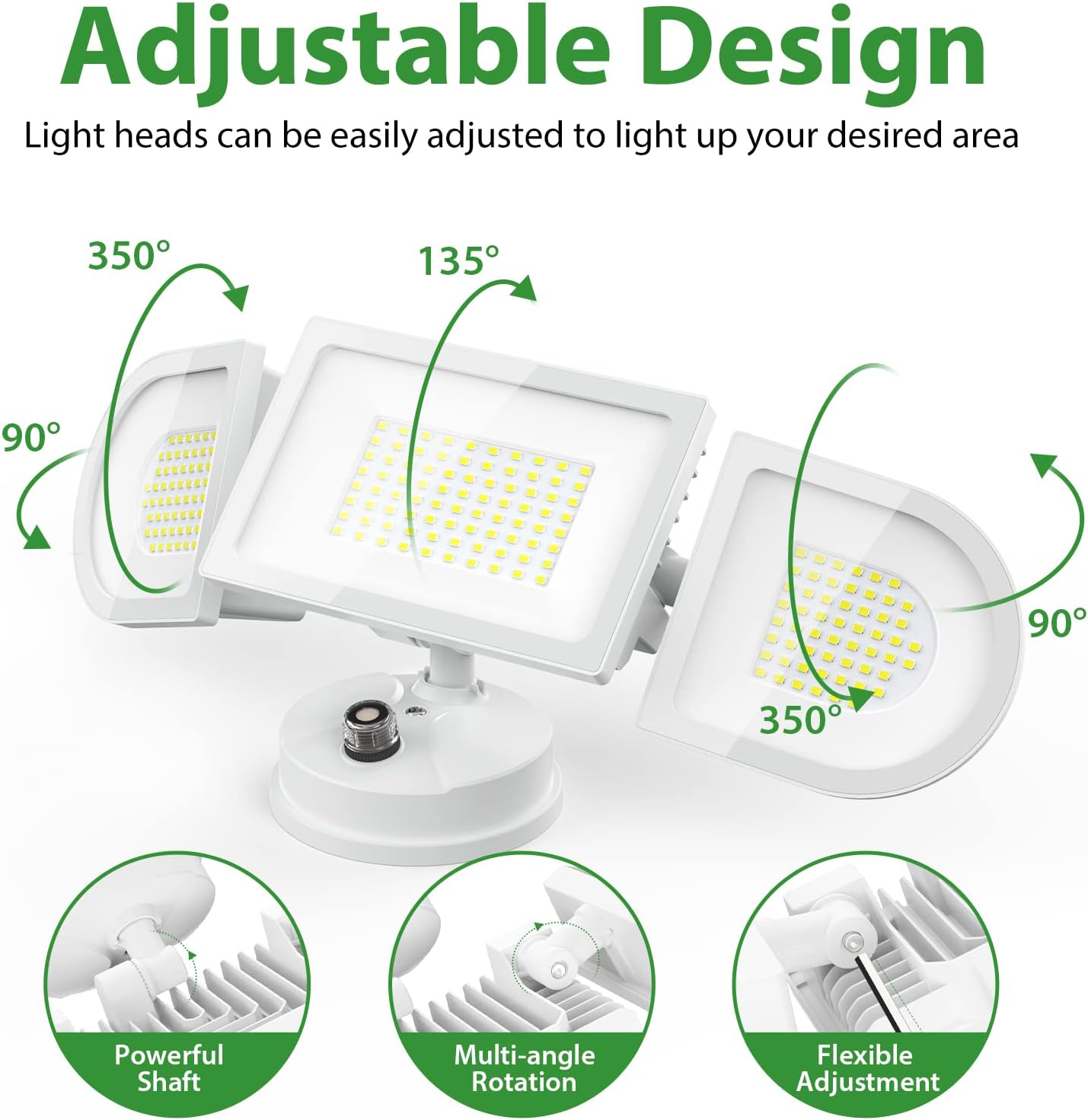 Diagram showing the adjustable design of the floodlight heads, indicating 350-degree rotation and 90-degree vertical adjustment for flexible lighting angles.