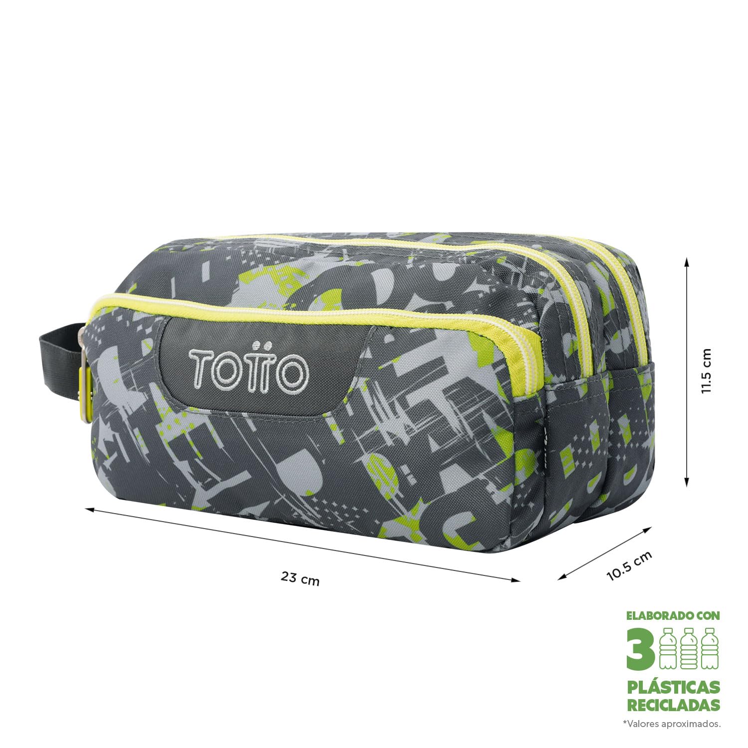 TOTTO - Astuccio scolastico a 3 scomparti, modello Agapec, astuccio grande, dimensioni 23 x 11,5 x 10,5 cm, manico laterale, manici ergonomici con PVC, tessuto resistente, stampa Texgrunge