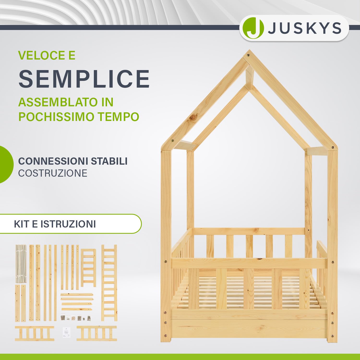 Juskys letto per bambini Marli da 80x160 cm con protezione anticaduta, rete a doghe e tetto - Letto a casetta in legno massiccio per bambini - Colore naturale