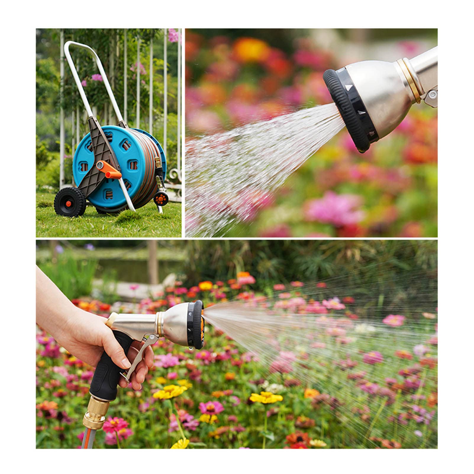 Carrello dell'Acqua per Tubo Flessibile da Giardino Domestico, Carrello Multifunzionale per Tubo Flessibile per Acqua ad Alta Pressione, Pistola ad Acqua con 9 Modelli di Spruzzo a Forma di Fiore, A