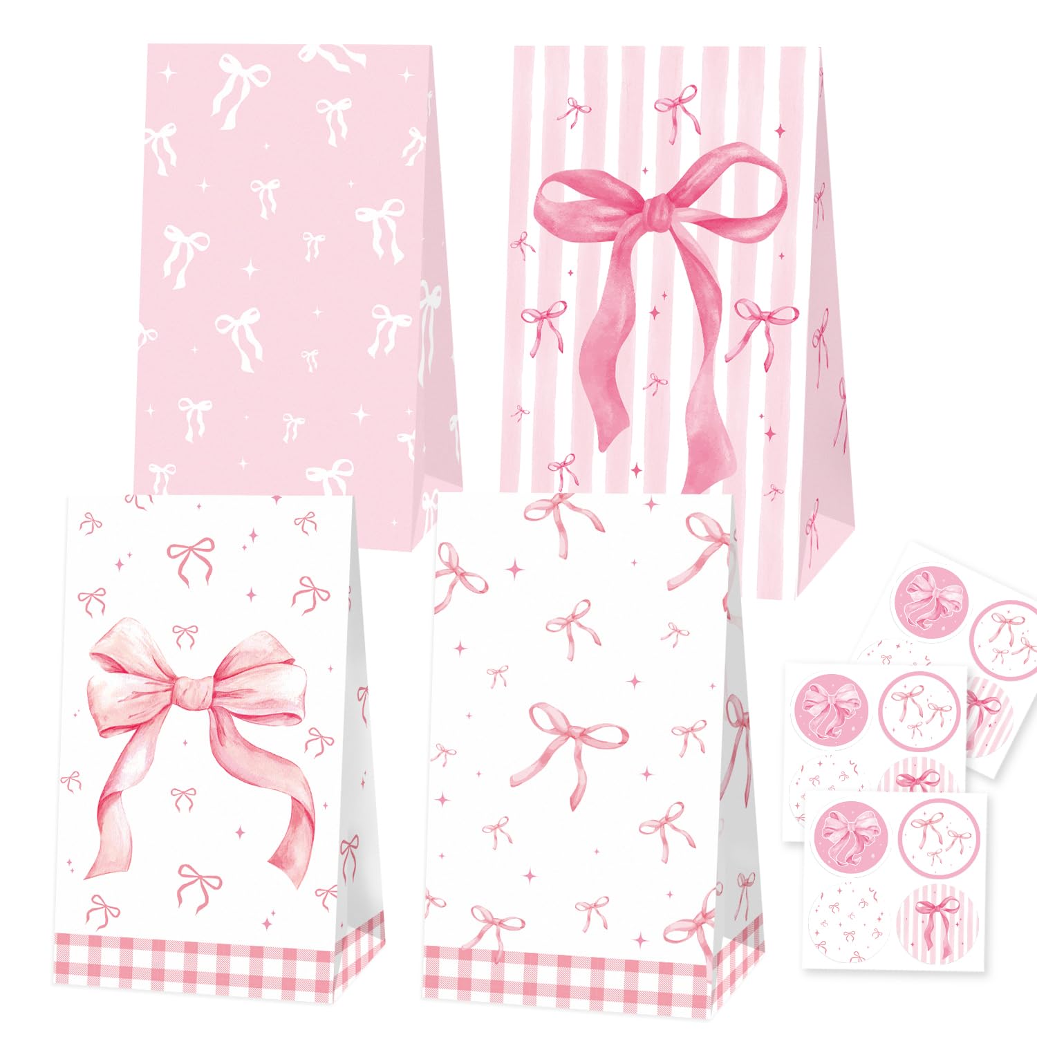 24 Pcs Pink Bow Party Paper Gifts Bags Girl Bow Birthday Party Treat Bags, Coquette Birthday Goodie Candy Bags for Bow Bridal Hot Pink Bachelorette Party Supplies(24-Bow-Bags)