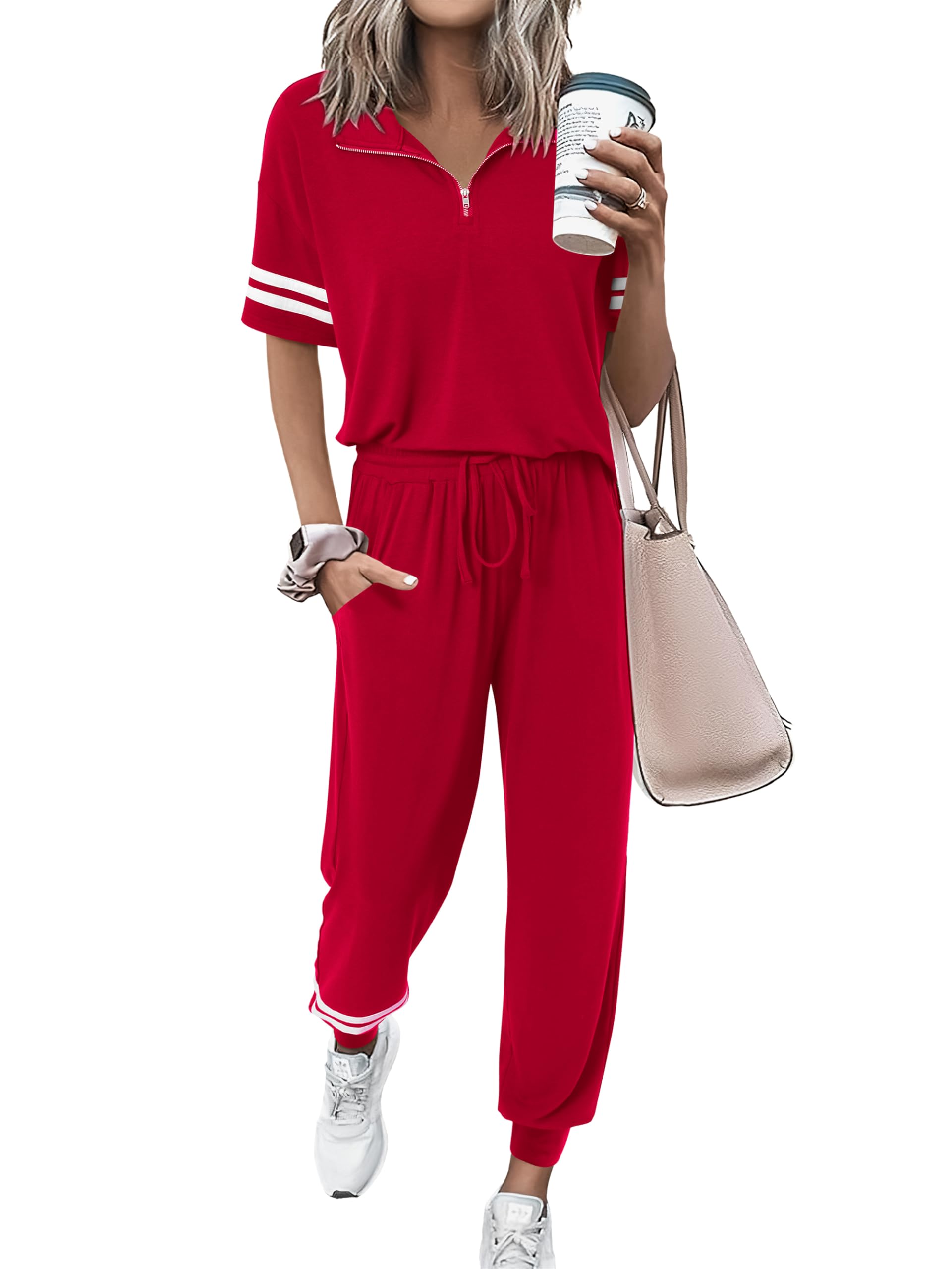 MASCOMODA 2 Piece Outfits for Women 2025 Summer Casual Quarter Zip Short Sleeve Tops Long Pants Tracksuit Jogger Lounge Sets