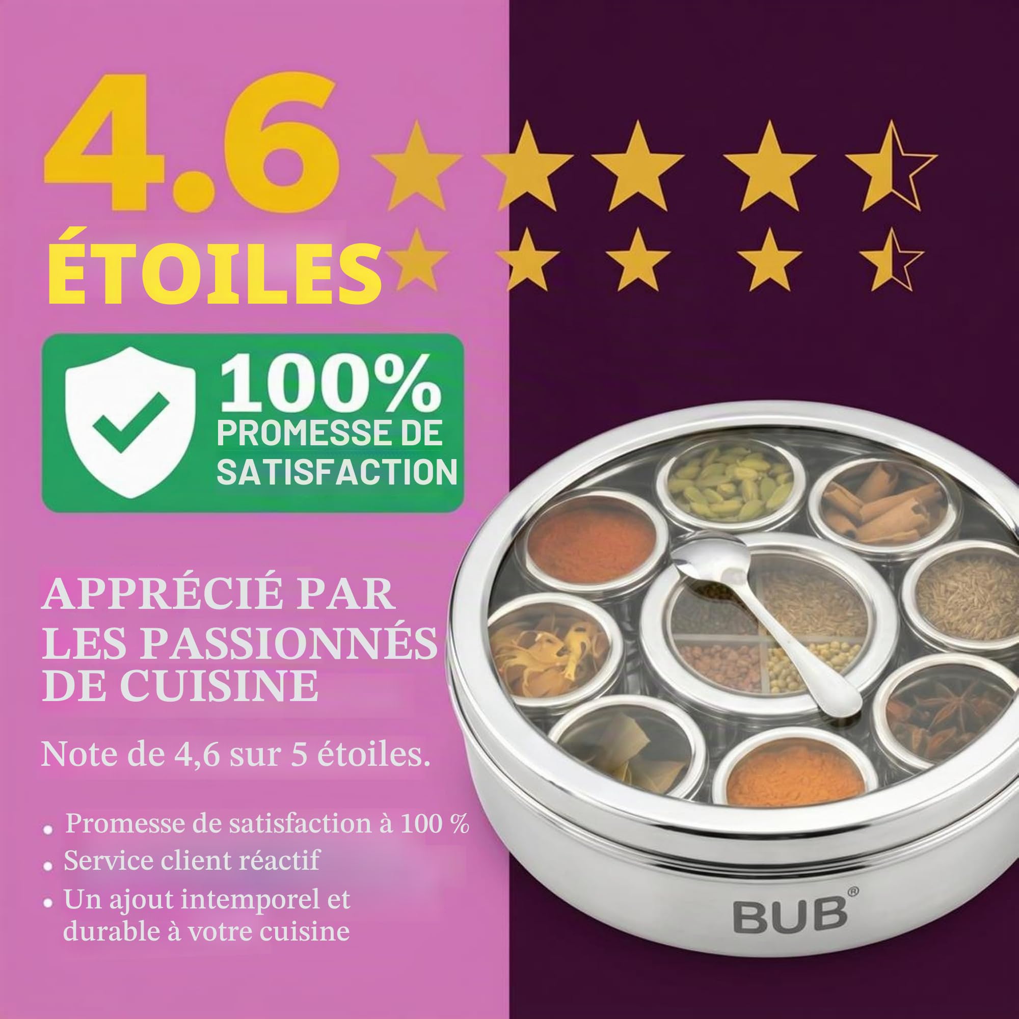 Bub : Grande boîte à épices Masala Dabba de qualité supérieure de 22 cm | 9 pots à épices avec couvercles individuels | Ensemble d'épices Rajah et livre de recettes | Cuillère et couvercles en