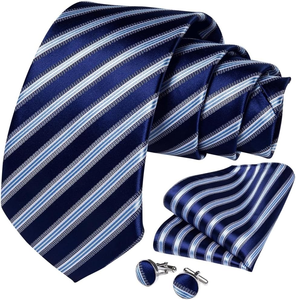 Men's Tie Sets Men Silk Necktie Striped Business Set Handkerchief Cufflinks Tack with Chain Gift for