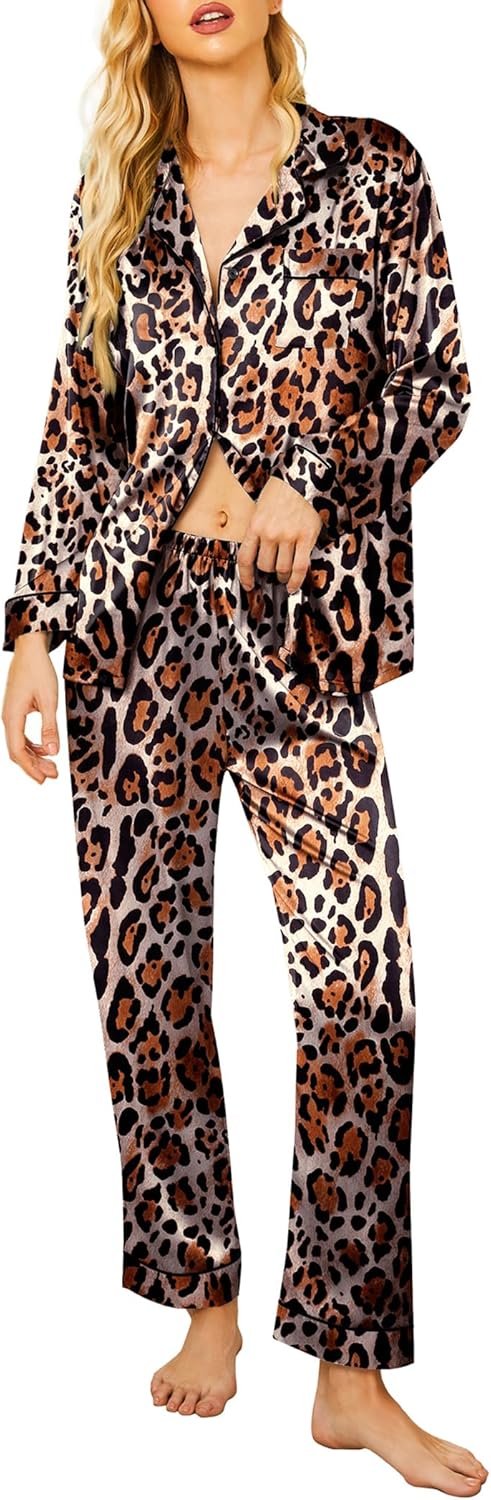 Ekouaer Silk Satin Pajamas Women's Long Sleeve Pj Set Soft Button Down 2 Piece Sleepwear Loungewear S-XXL