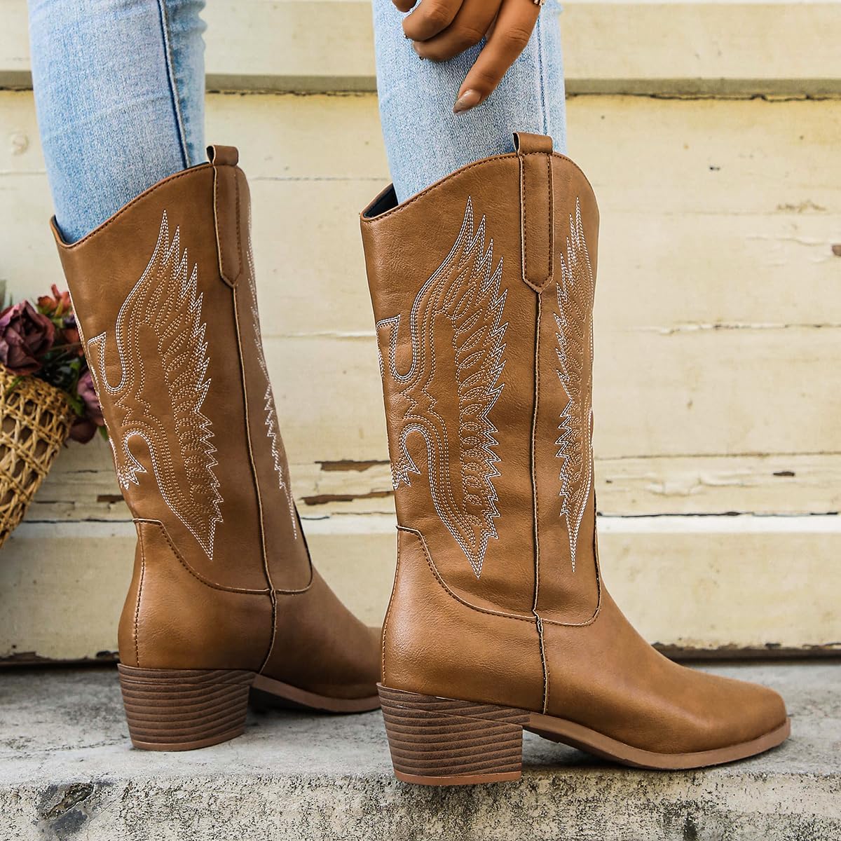 Cowboy Boots for Women Embroidered Stitching Chunky Stacked Heel Cowgirl Boots Snip Toe Slip On Mid Calf Western Boots with Pull Tabs