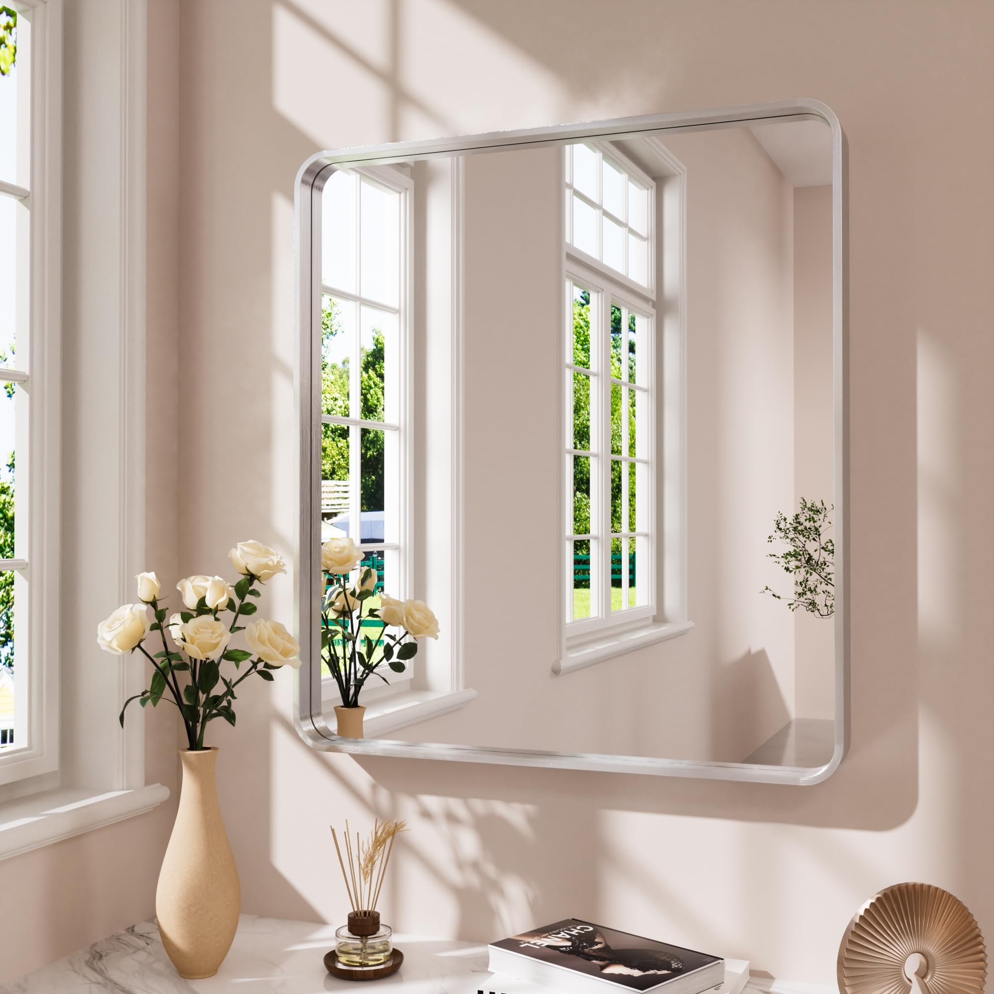 Amazon.com: JISOSO Brushed Nickel Bathroom Mirror 38x38 Inch