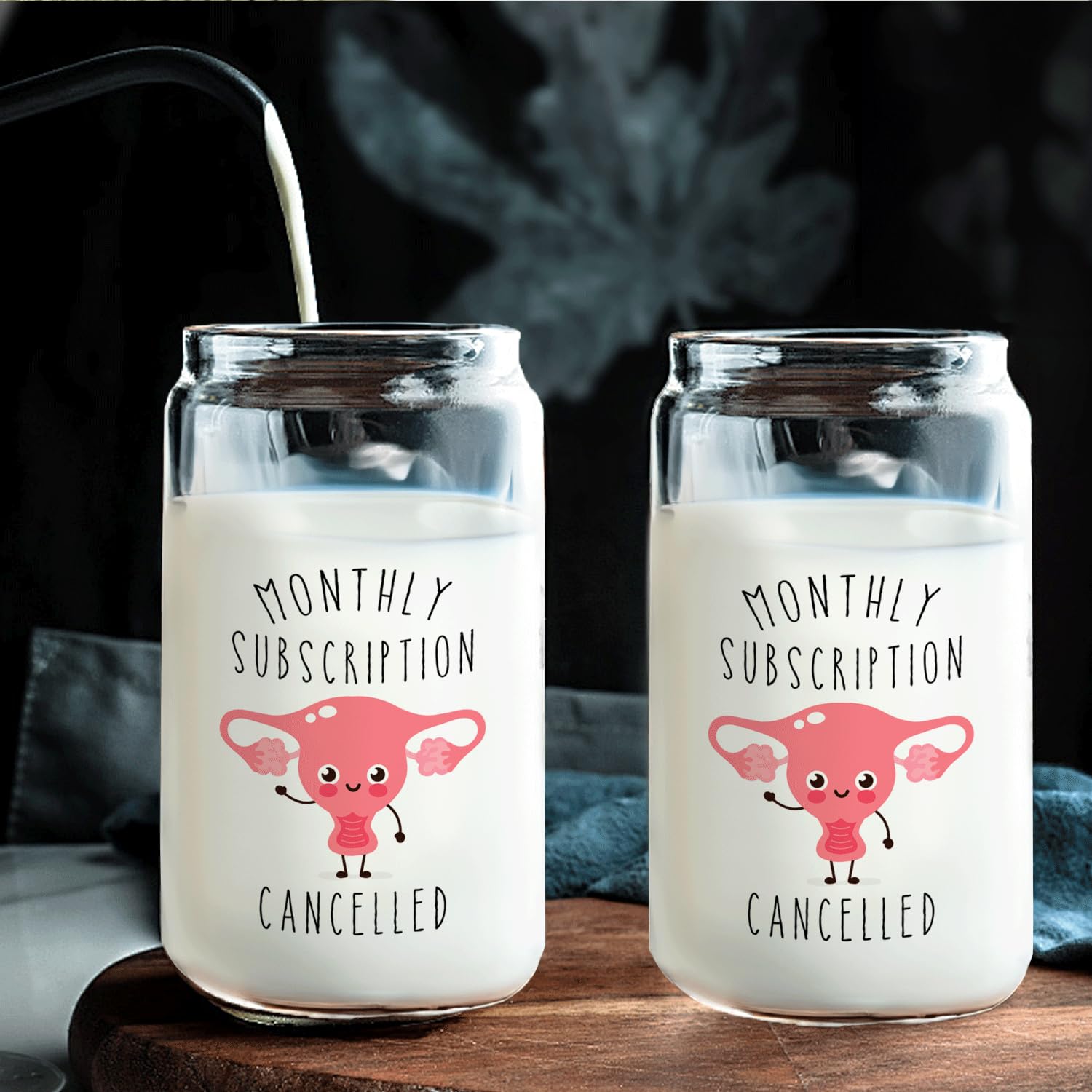 Hysterectomy Recovery Gifts - Monthly Subscription Cancelled Glass Cup with Lids and Straws 14oz, Get Well Soon Gifts for Women, Glass Coffee Tumbler Drinking Jars with Cleaning Brush
