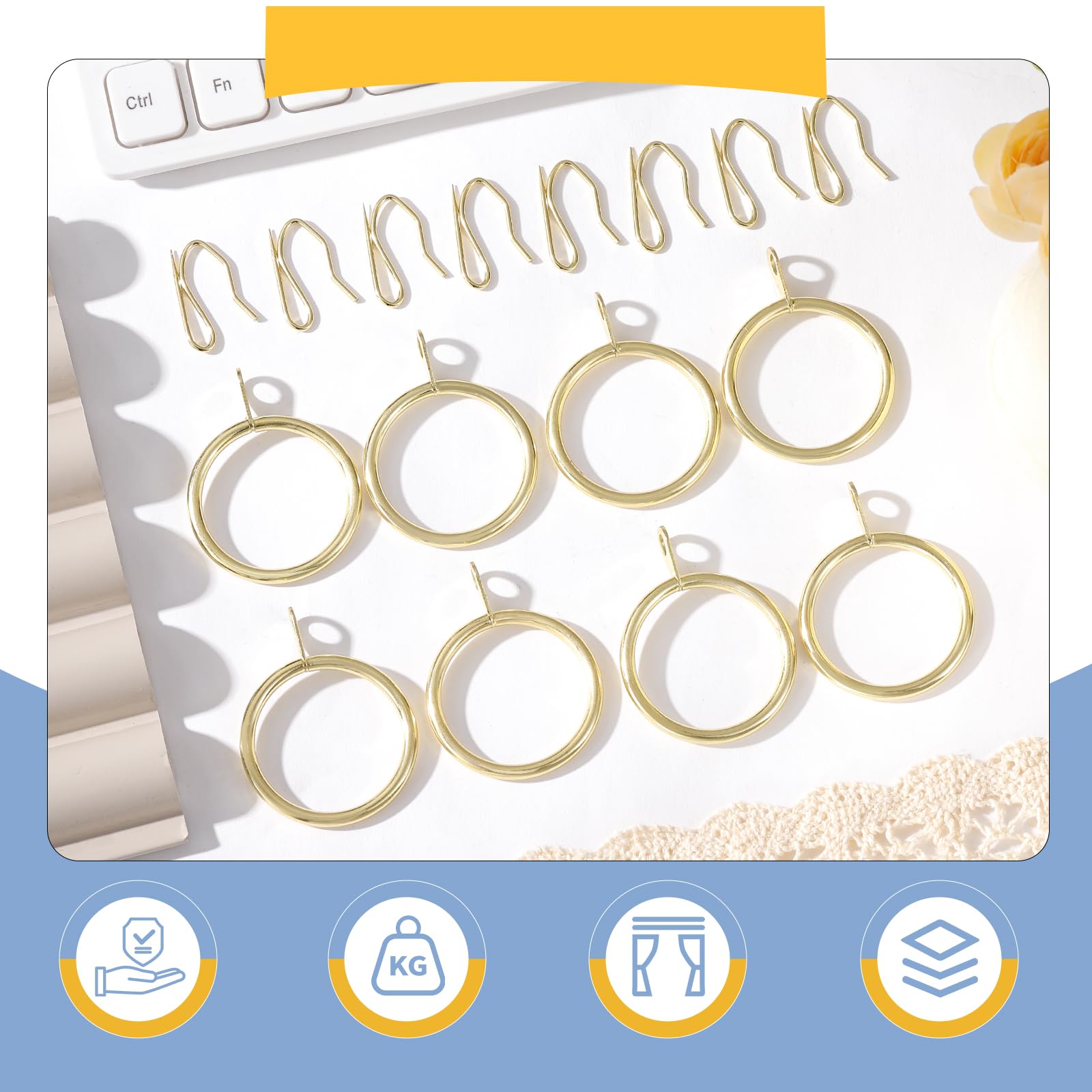 Lot de 62 anneaux de rideaux en métal et 62 crochets en métal pour rideau de douche, 30 mm de diamètre intérieur (doré)