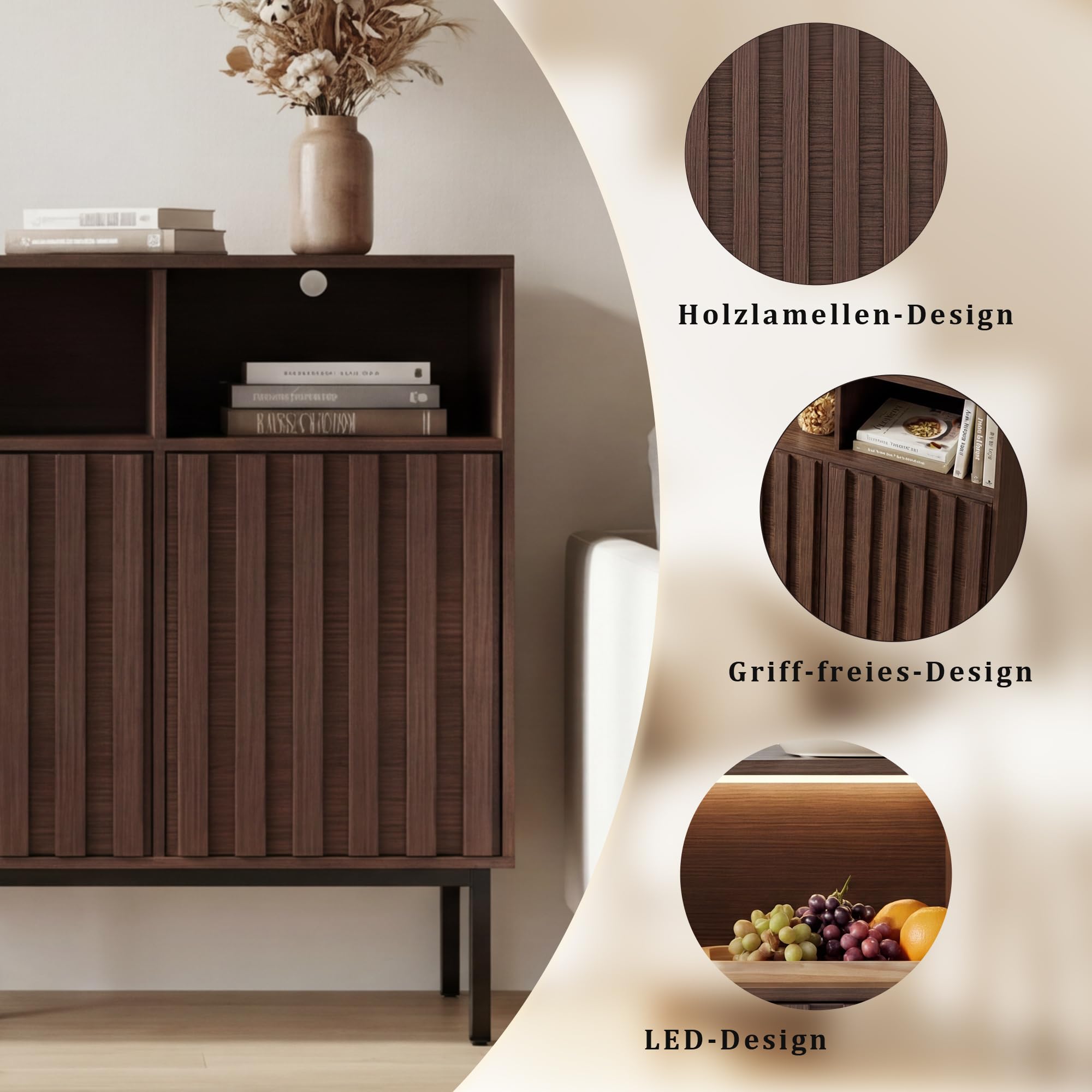 UEV Sideboard mit 3 Türen, 105 x 39 x 80cm, Aufbewahrungsschrank Küchenschrank, Kaffeebar Schrank für Wohnzimmer Schlafzimmer Flur Küche
