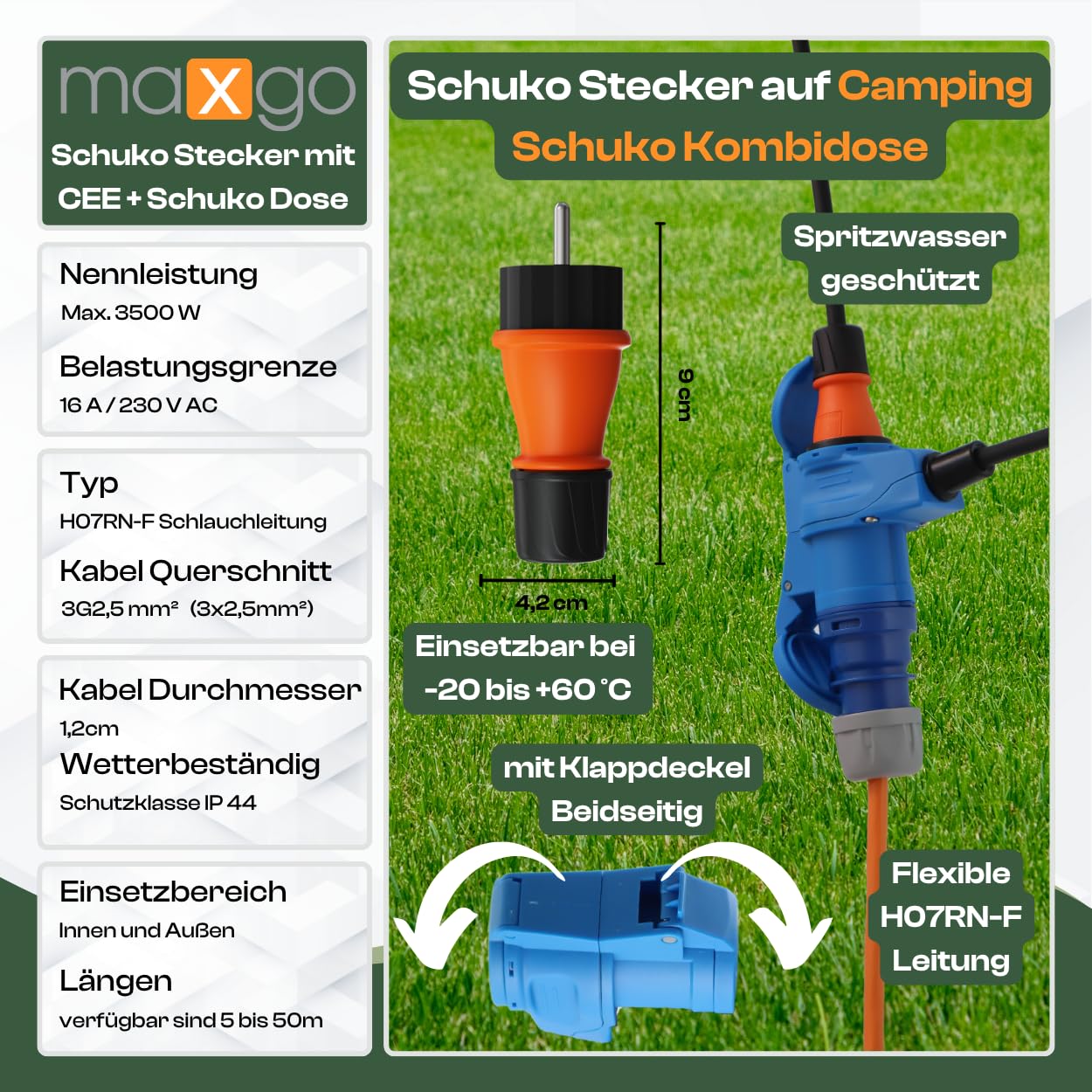 Camping Adapter 35m Mit CEE Winkelkupplung Und Integrierter Schuko Steckdose H07RN-F 3x2,5 Verlängerungskabel Strom Kabel Wohnmobil Wohnwagen Caravan Landstromanschluss