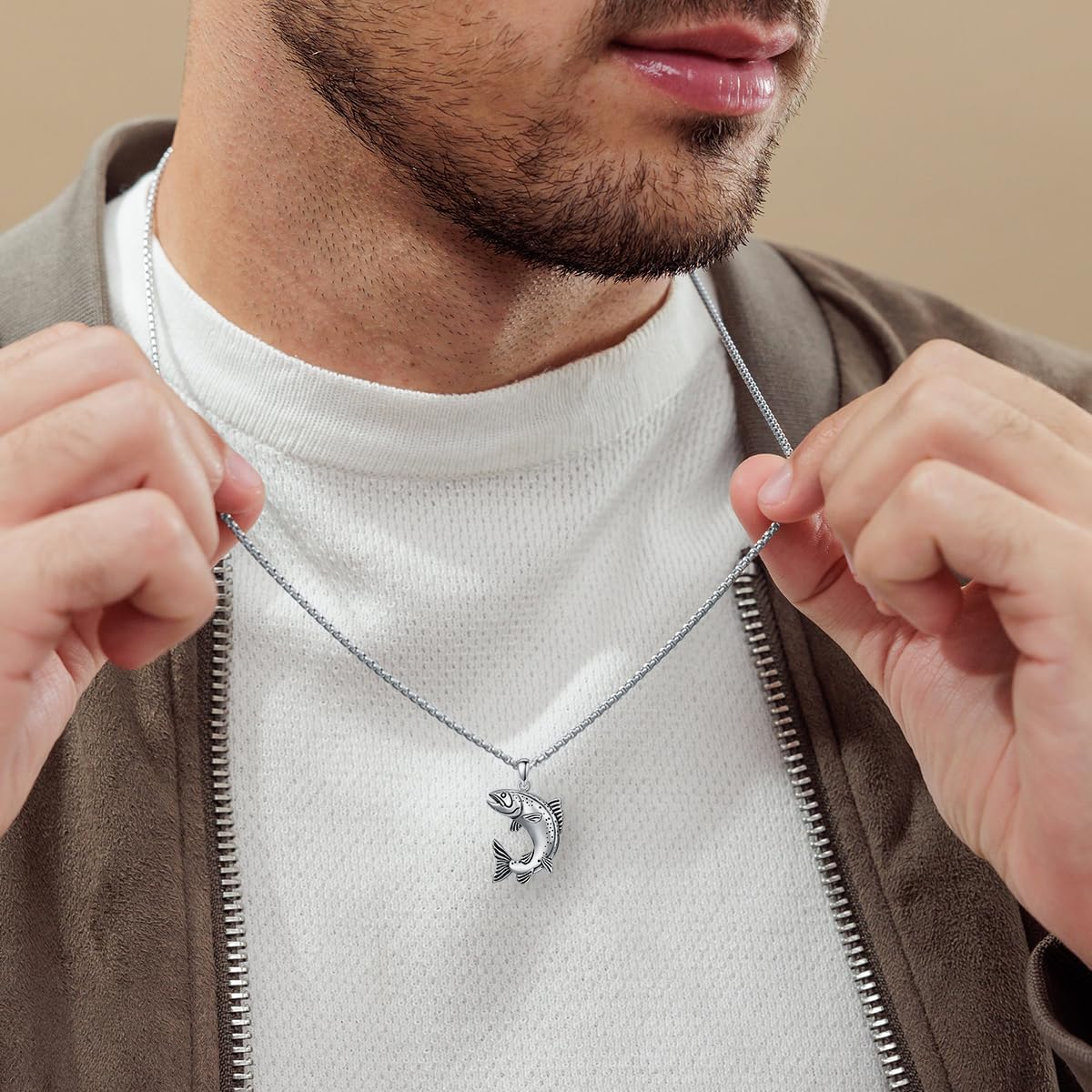 Fish Necklace 925 Sterling Silver Fish Pendant Necklaces for Men Women, w/Stainless Steel Chain 22''+2''