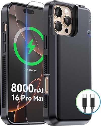 NEWDERY Funda de batería mejorada para iPhone 16 Pro Max, banco de energía portátil USB-C de 8000 mAh, CarPlay, sincronización de datos, funda de