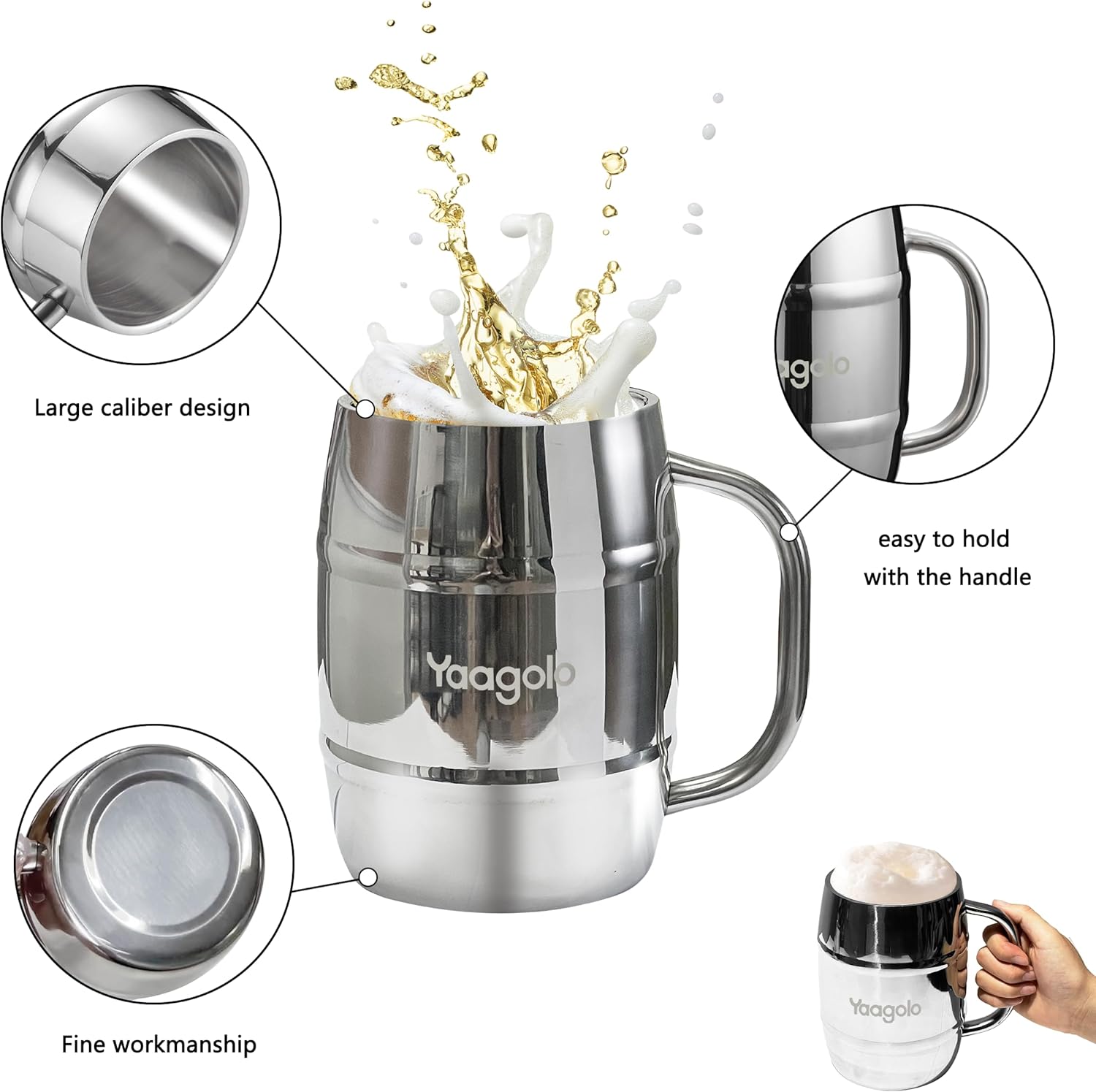 Insulated Beer Stein, 2 Pack 32oz Double Wall Stainless Steel Beer Stein with Handle, Insulated Stein Mug for Cold Drinks, Hot Coffee, Milk, Shatterproof Cups for Men Women - Image 2