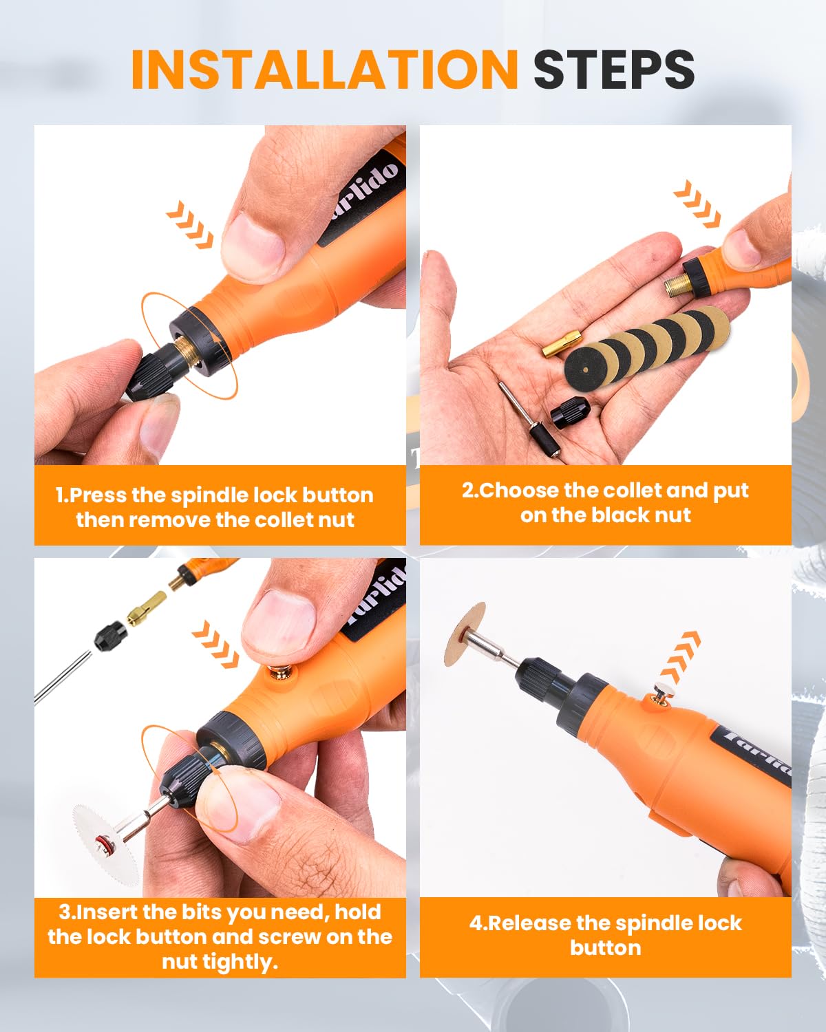 Tarlido Mini kit di utensili rotanti senza fili, 5 velocità e ricarica USB con 61 accessori, strumento rotante multiuso da 3,7 V per levigatura, lucidatura, foratura, incisione, incisione, artigianato