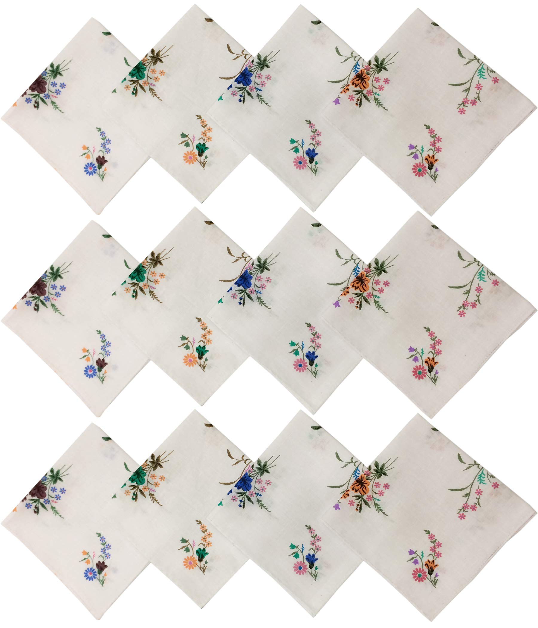 Women's White Cotton Handkerchiefs (12 Pack, Floral Printed, Multi-Colored)