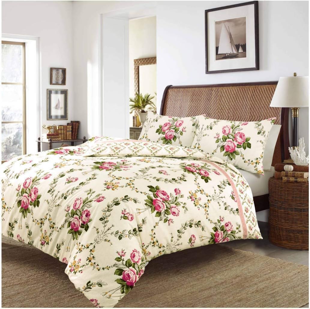 KARKARM Olivia Flannelette Floral Duvet Cover Single Pink 100% Brushed Cotton Flannel Duvet Cover Set with Reversible Thermal Pillowcase