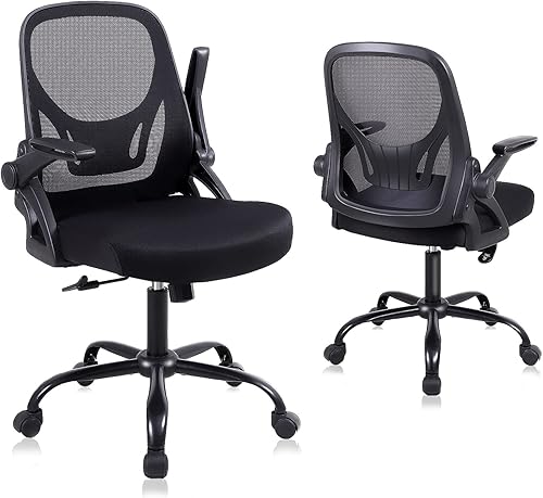 Flysky Silla ergonómica de escritorio de oficina de malla, silla giratoria de altura ajustable con soporte lumbar y reposabrazos abatibles, color