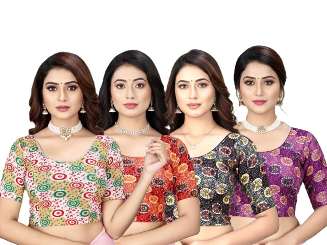 Women Multicolor Printed Cotton Blouse| Readymade Blouse (Pack of 4) White/Red/Black/Wine-image-9