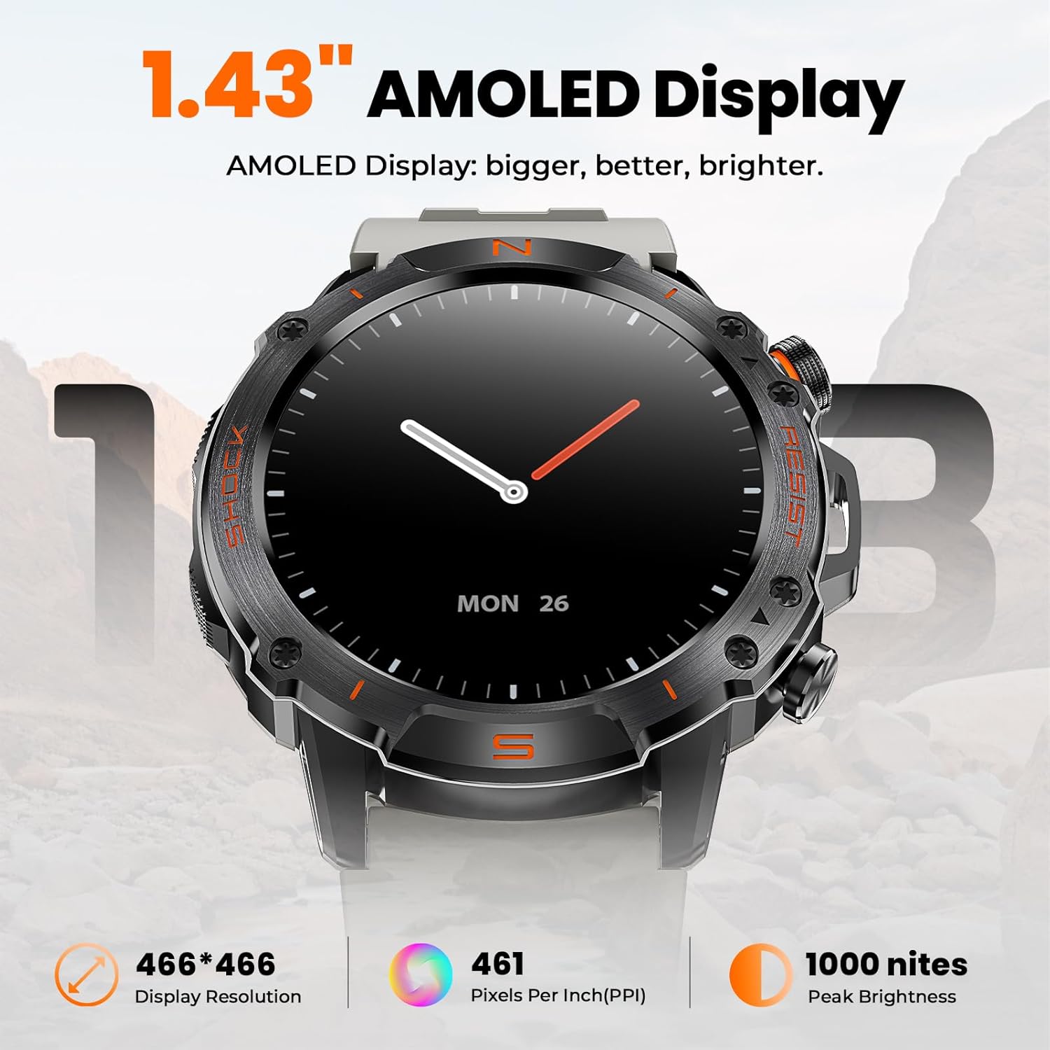 WalkerFit Rugged Smart Watch for Men- Answer/Dial Call,30M Waterproof Fitness Watch with Health Monitor,170 Sport Mode,Military Smartwatch for iPhone,AMOLED, Gray Silicone
