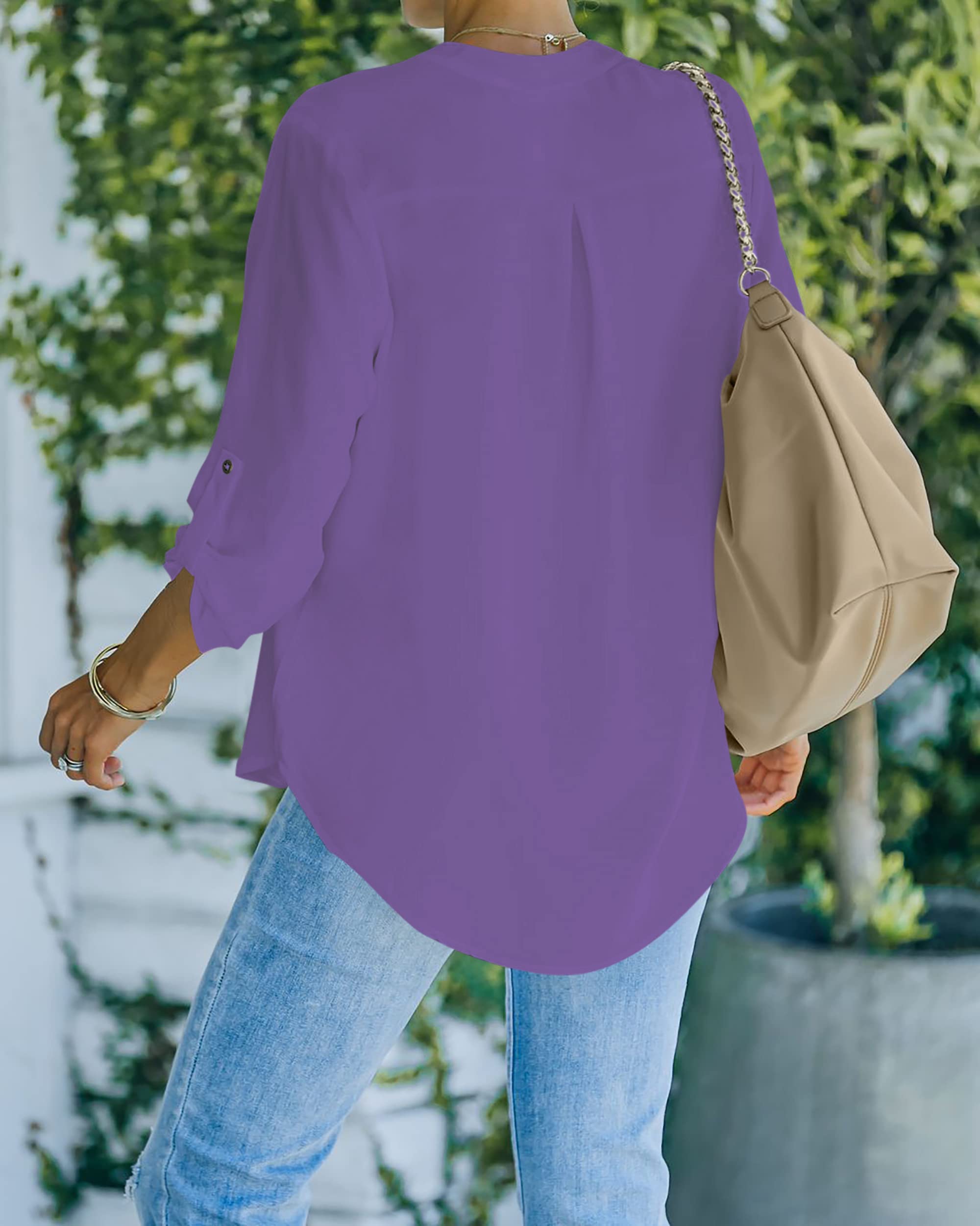 NONSAR Camicetta da donna Henley, elegante, con scollo a V, maniche arrotolabili, in stile casual