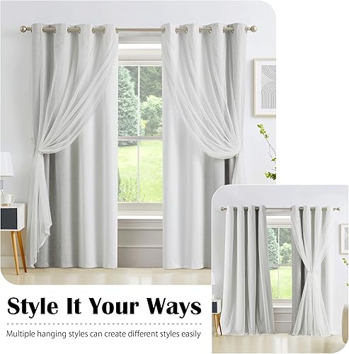 Miniatura 8 de Cortinas 100% opacas con superposición transparente, mezcla y combina con cortinas de doble capa de 84 pulgadas de largo, 2 paneles para dormitorio,