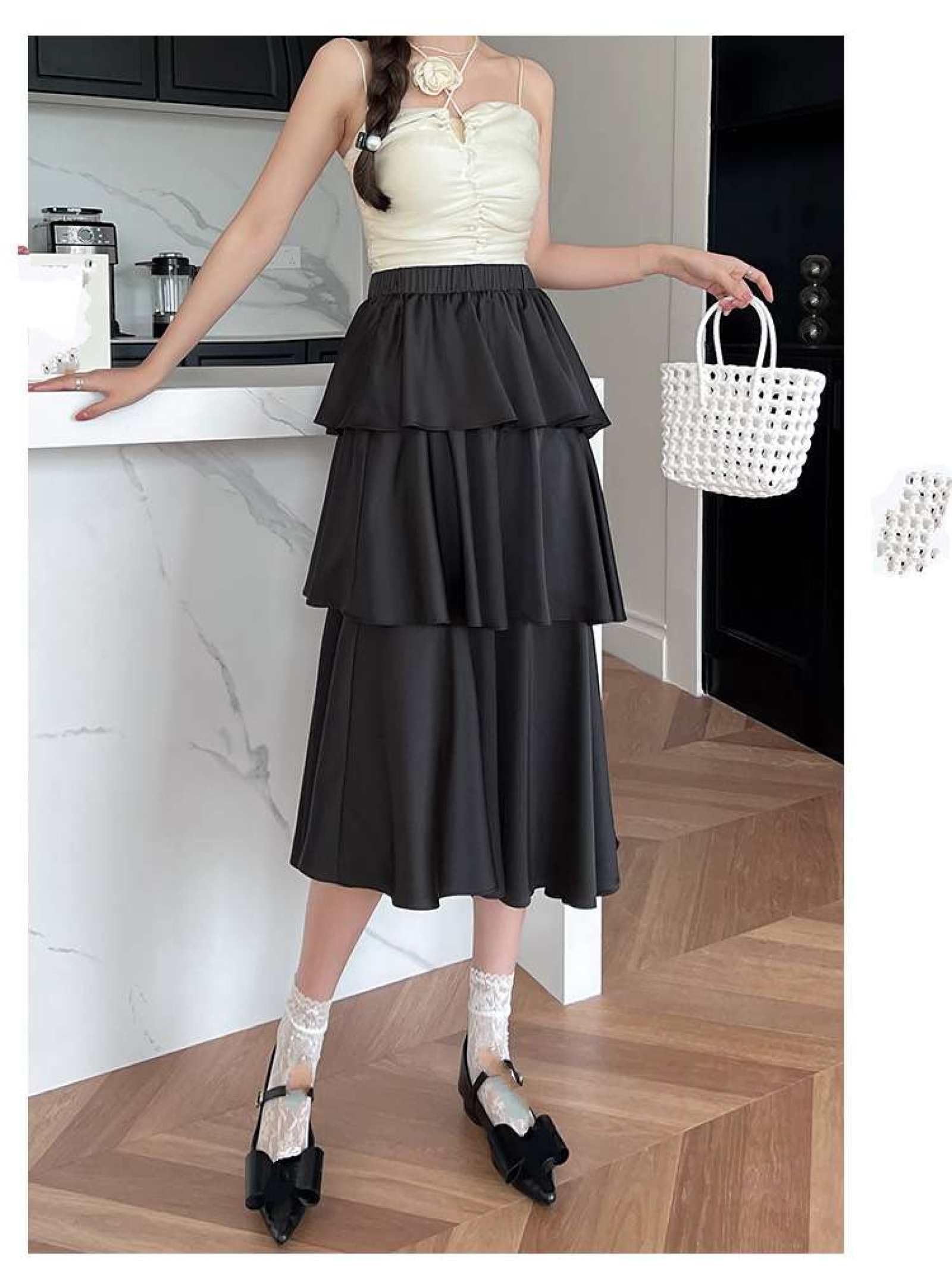 Jupe De Gâteau en Satin De Fibre De Vinaigre Taille Haute pour Femme - Été Polyvalente Couleur Unie Taille Élastique Jupe Mi-Longue Petite Jupe À Volants Irréguliers Une Ligne Jupe Longu
