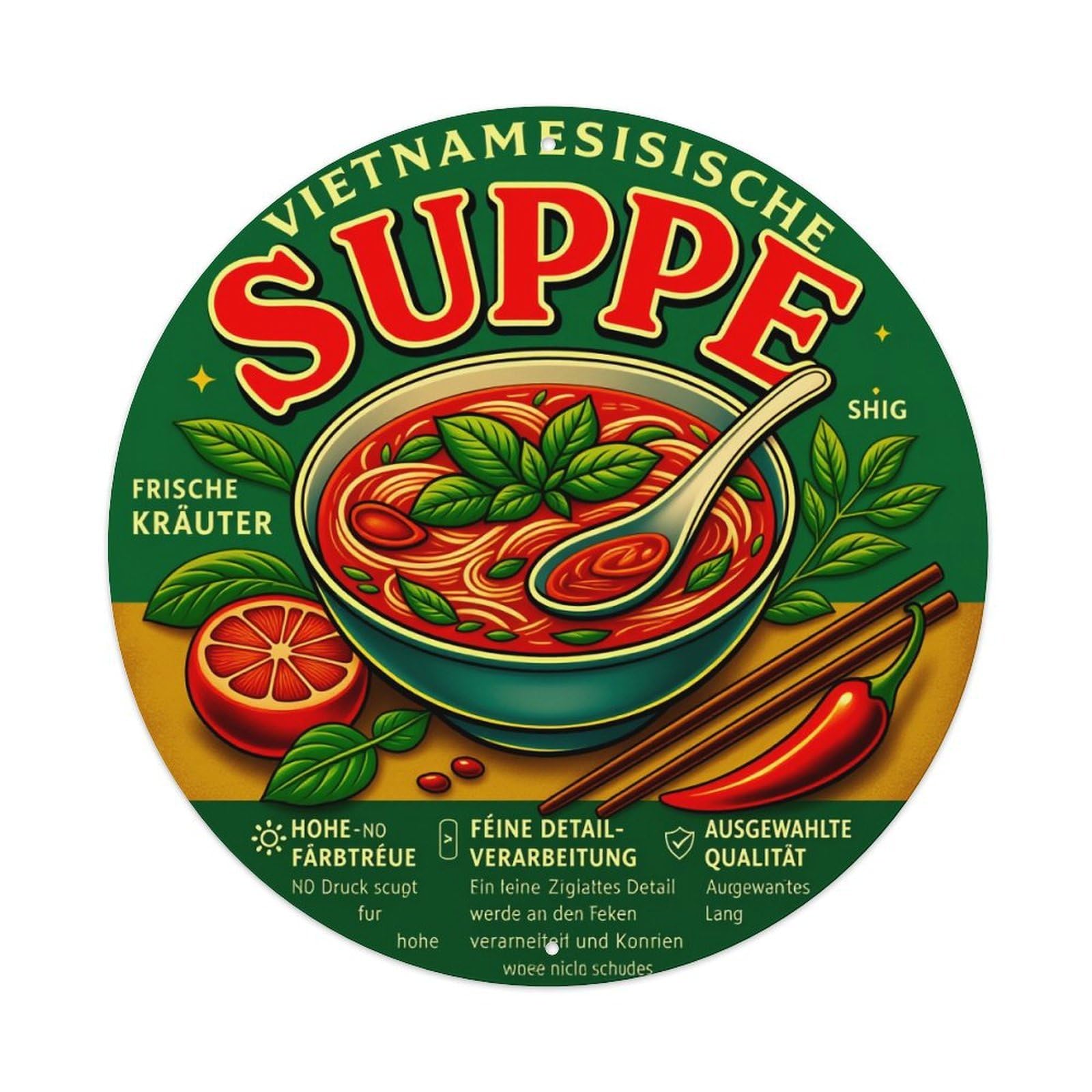 Vietnamese Soup Bowl With Herbs And Chili Round Tin Sign Vintage Metal Poster Retro Bar, Home, Man Cave, Kitchen, Laundry Room Wall Art Decor Gift 8x8Inch